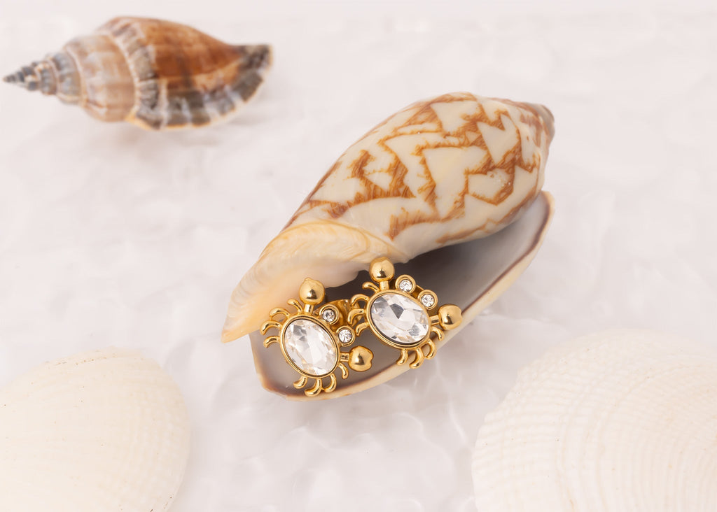 Gold Crab Earrings – Stone Crab Studs in 18K Stainless Steel | Coastal Jewelry - Earrings | Sunflower Soul Boutique