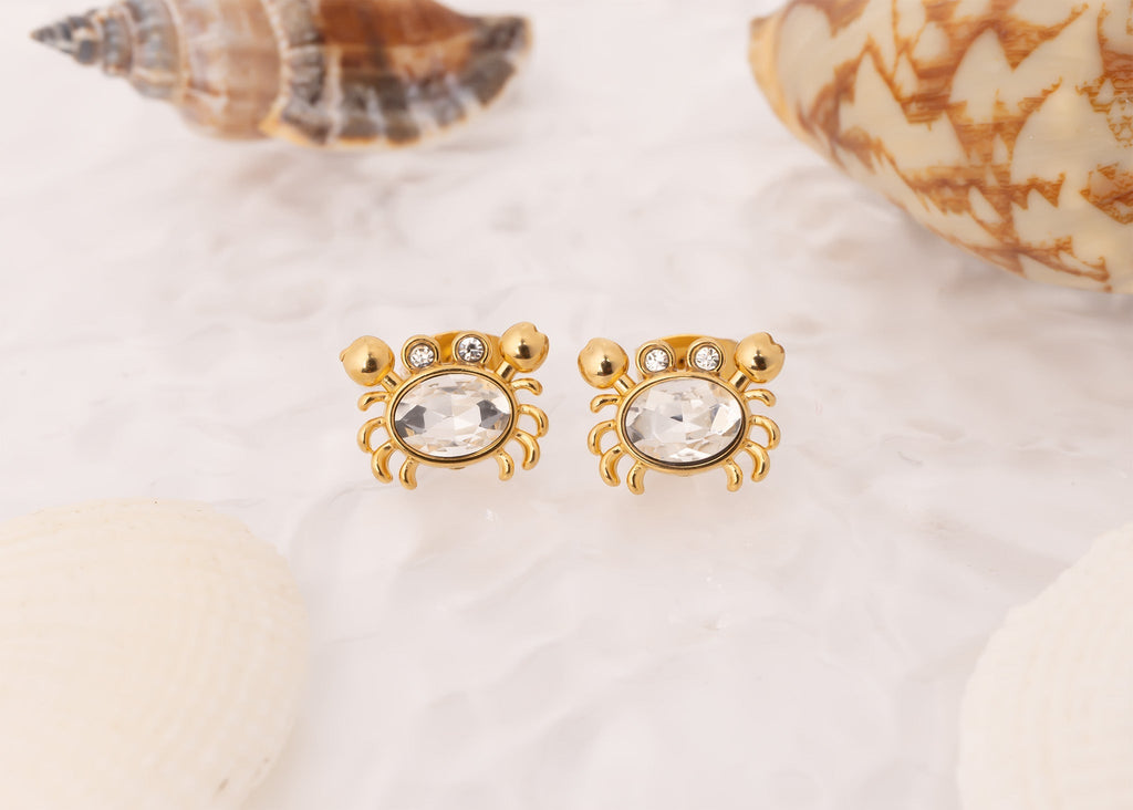 Gold Crab Earrings – Stone Crab Studs in 18K Stainless Steel | Coastal Jewelry - Earrings | Sunflower Soul Boutique