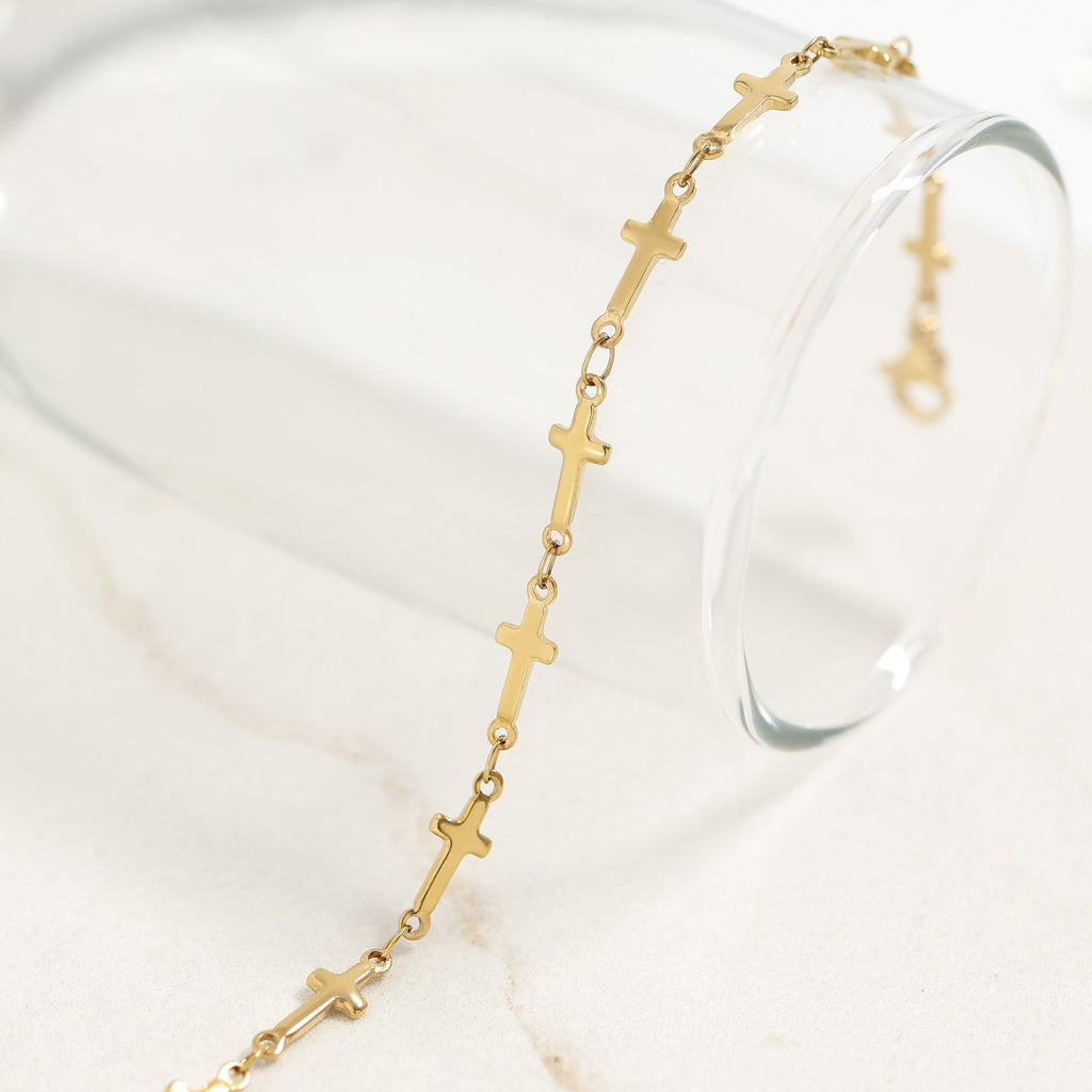 Gold Cross Bracelet – 18K Gold Jewelry | Hypoallergenic Stainless Steel Chain Link - Bracelets | Sunflower Soul Boutique