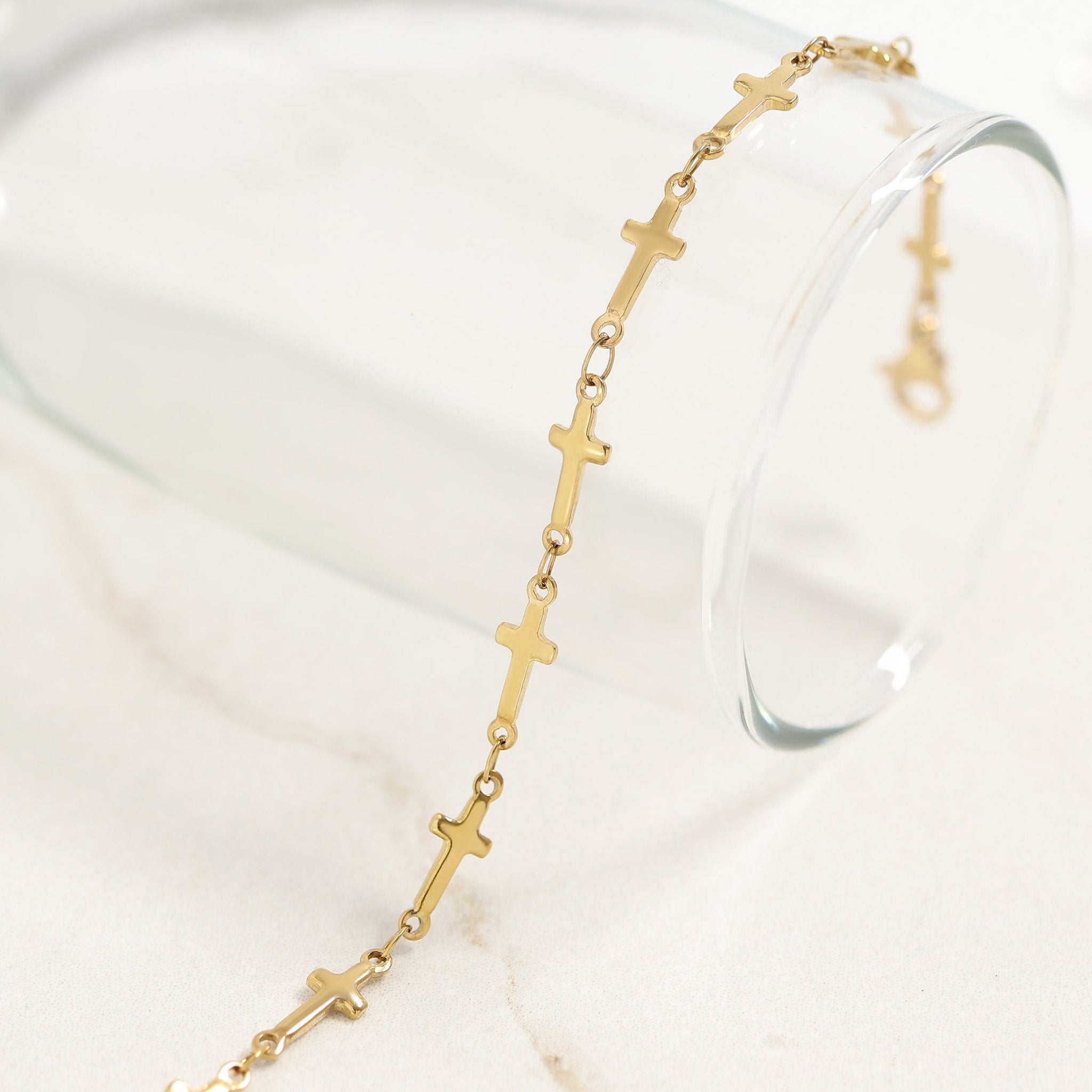 Gold Cross Bracelet – 18K Gold Jewelry | Hypoallergenic Stainless Steel Chain Link - Bracelets | Sunflower Soul Boutique