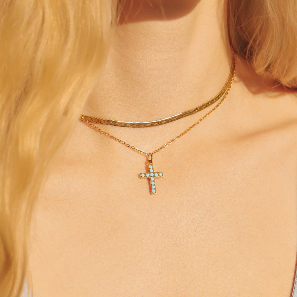 Gold Cross Charm – 18K Gold Pendant with Turquoise Stone | Hypoallergenic Stainless Steel - charm | Sunflower Soul Boutique