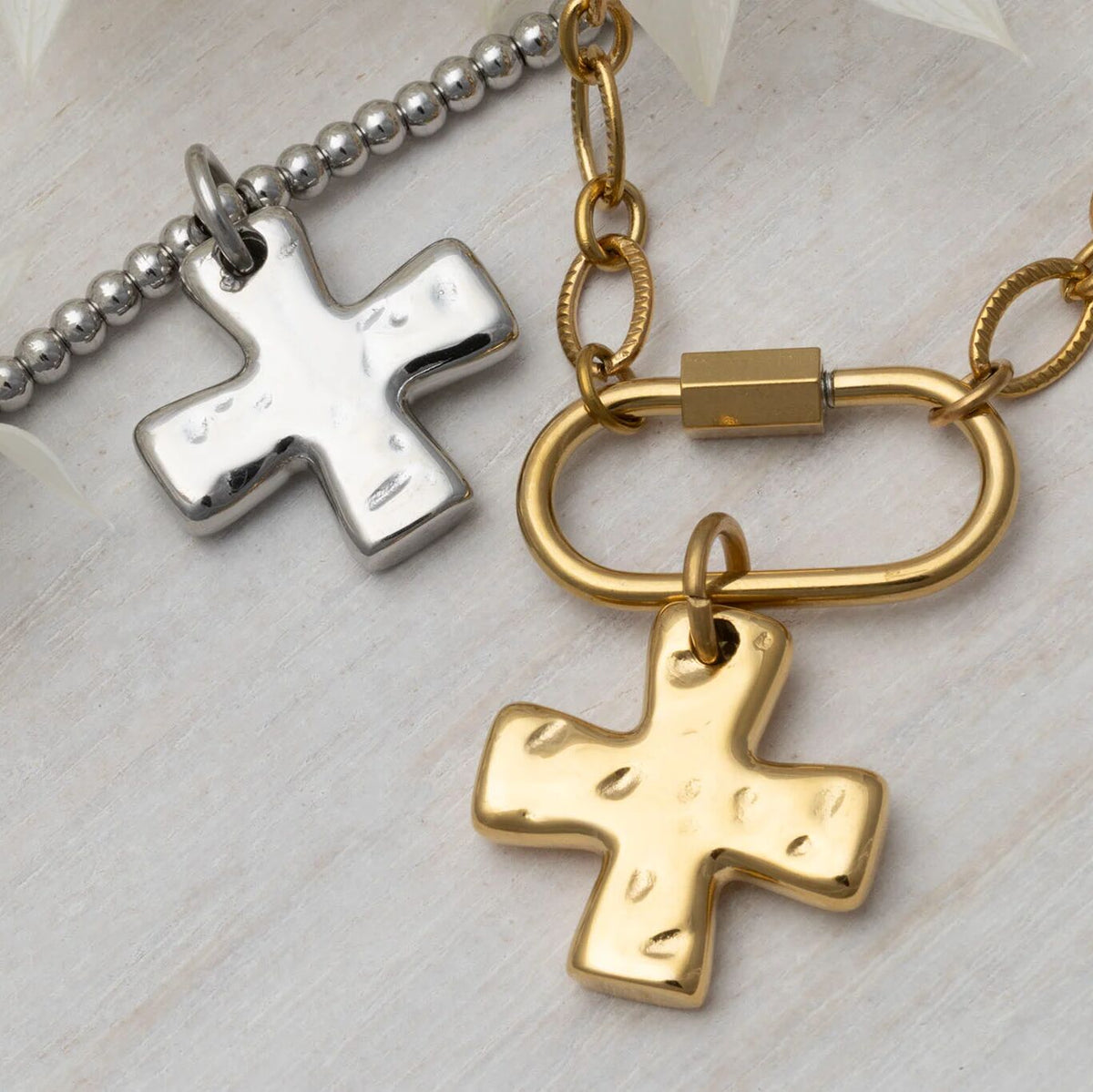 18K Gold PVD Stainless Steel Textured Gold Cross Charm- gold and silver studio 