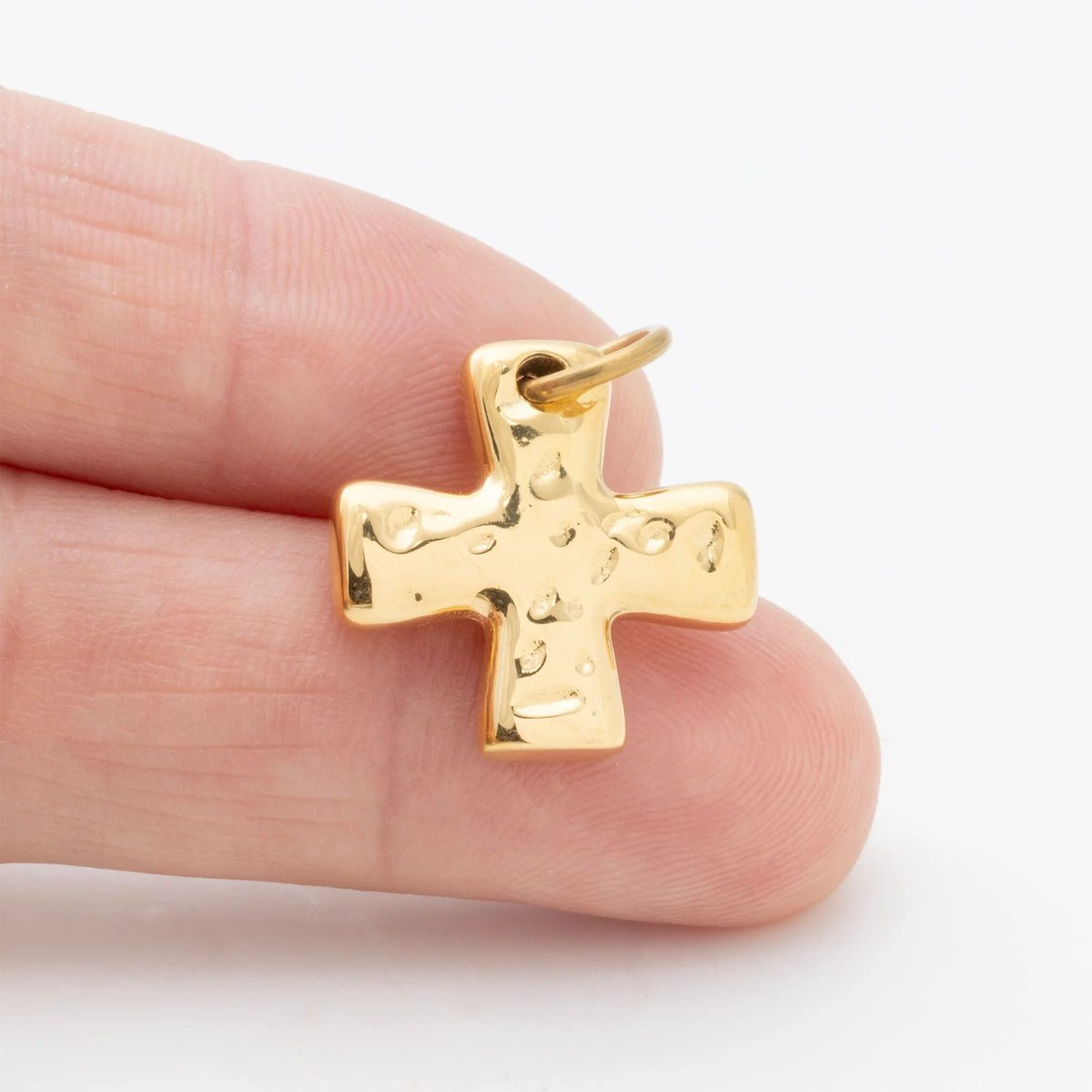 18K Gold PVD Stainless Steel Textured Gold Cross Charm- gold scale shot 