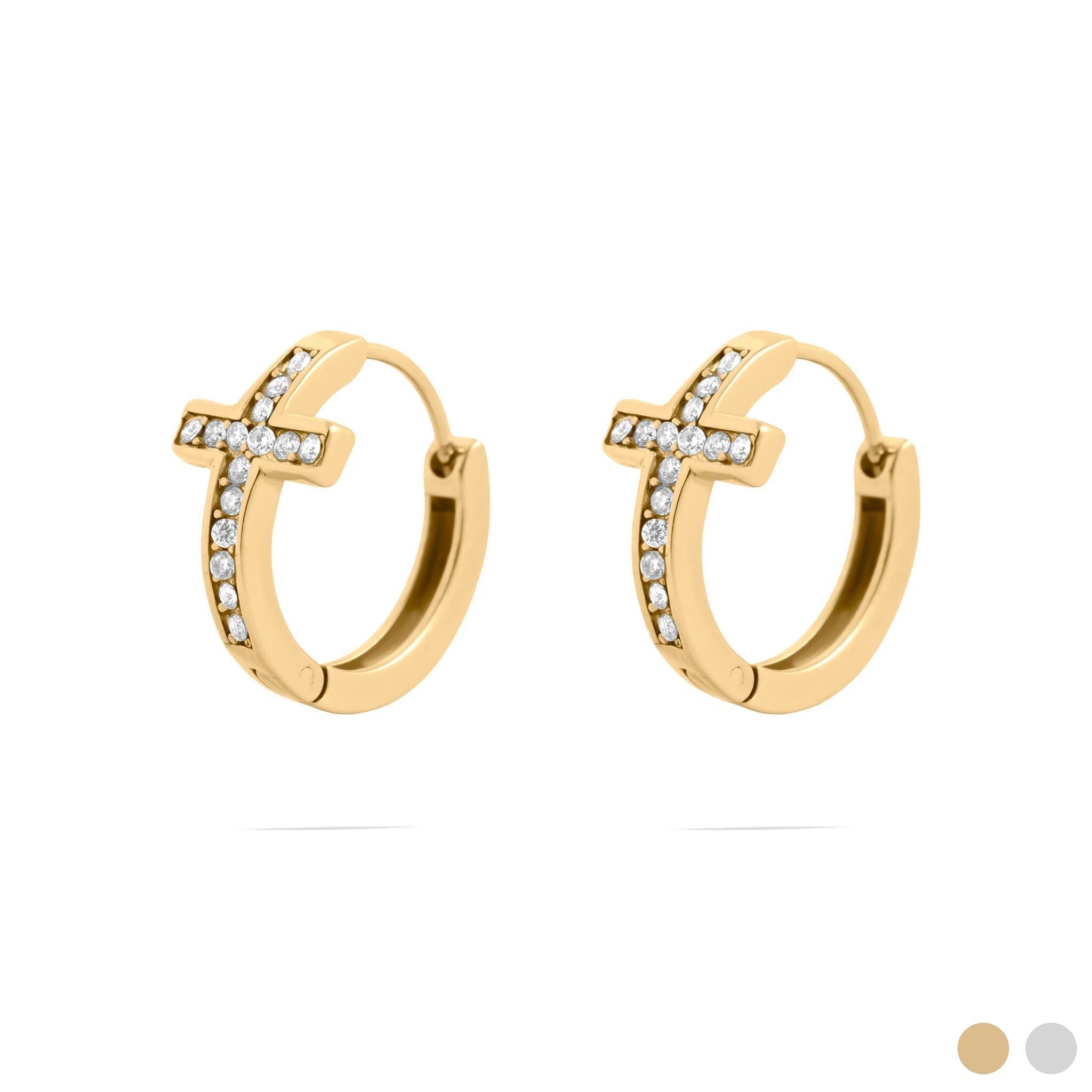 Gold Cross Huggie Earrings – 18K Gold Stainless Steel Crystal Hoops - Earrings | Sunflower Soul Boutique