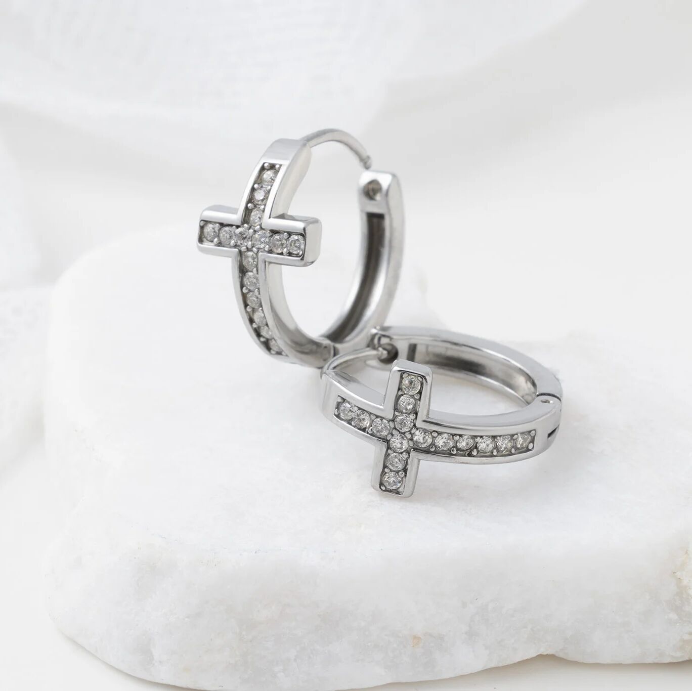 Gold Cross Huggie Earrings – 18K Gold Stainless Steel Crystal Hoops - Earrings | Sunflower Soul Boutique