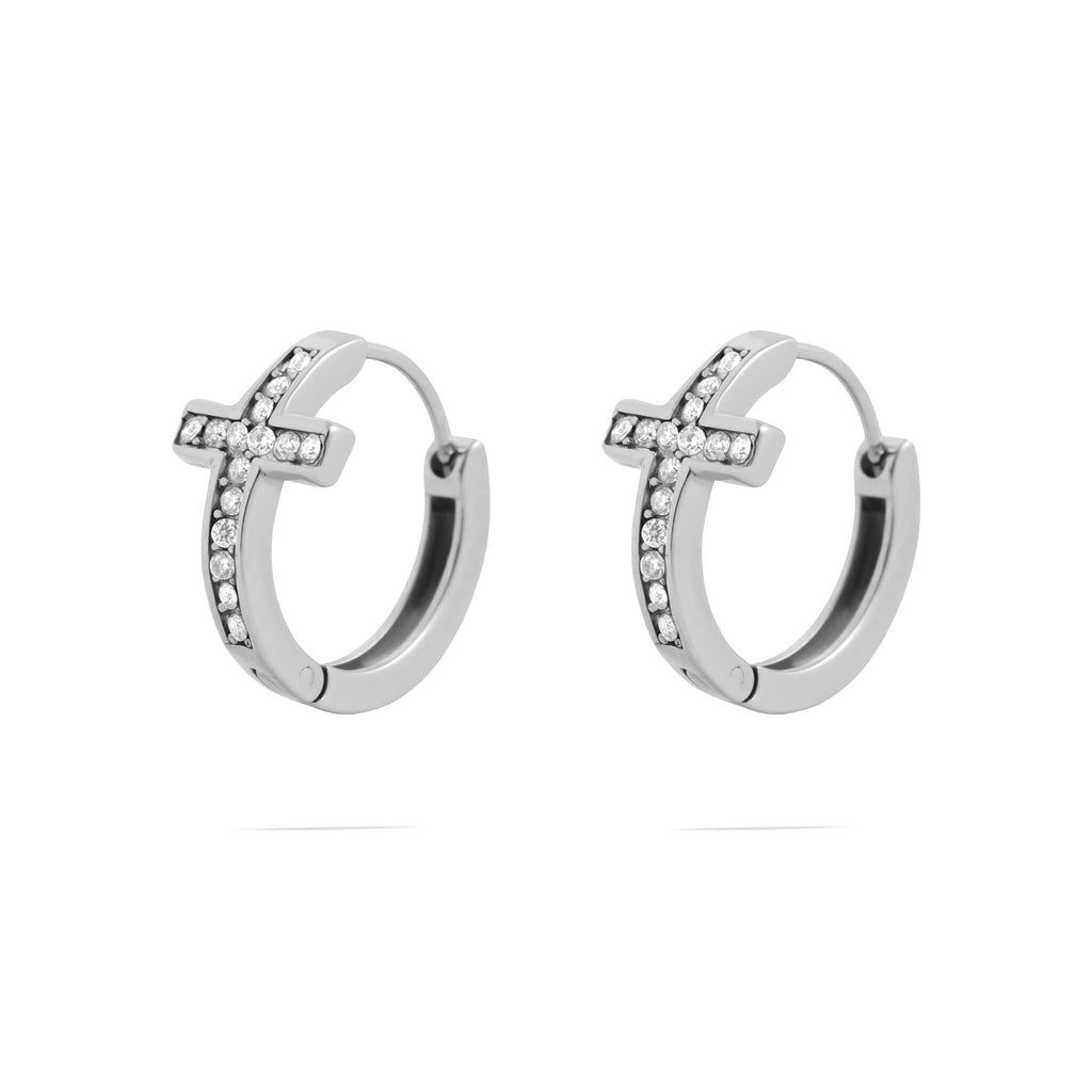 Gold Cross Huggie Earrings – 18K Gold Stainless Steel Crystal Hoops - Earrings | Sunflower Soul Boutique