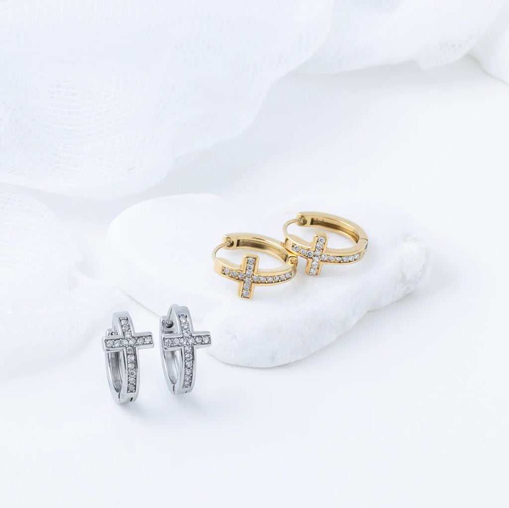 Gold Cross Huggie Earrings – 18K Gold Stainless Steel Crystal Hoops - Earrings | Sunflower Soul Boutique