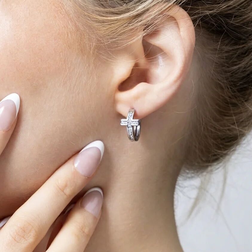 Gold Cross Huggie Earrings – 18K Gold Stainless Steel Crystal Hoops - Earrings | Sunflower Soul Boutique