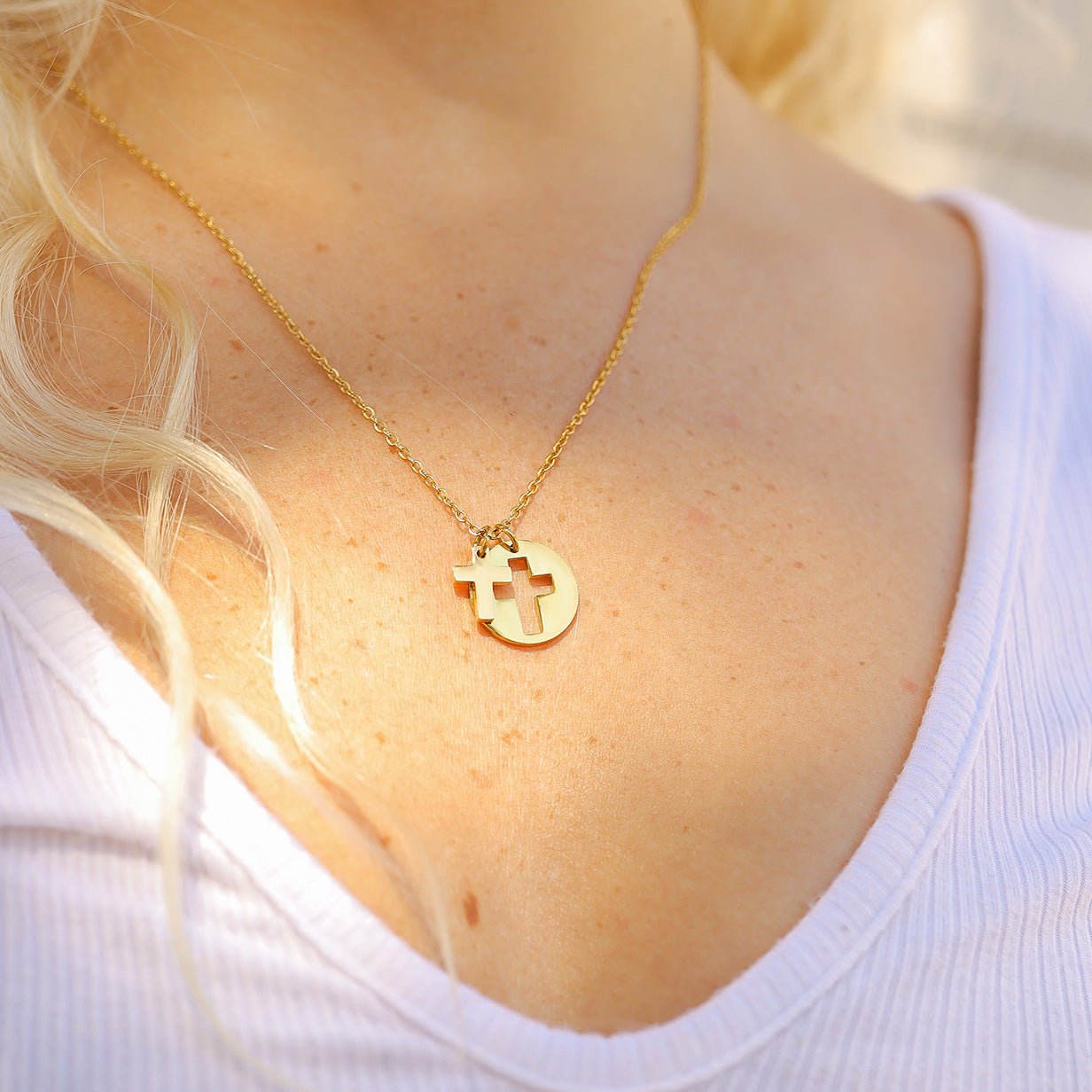 Gold Cross Necklace – 18K Gold Pendant With Cutout Cross Charm On Durable Chain - Necklaces | Sunflower Soul Boutique