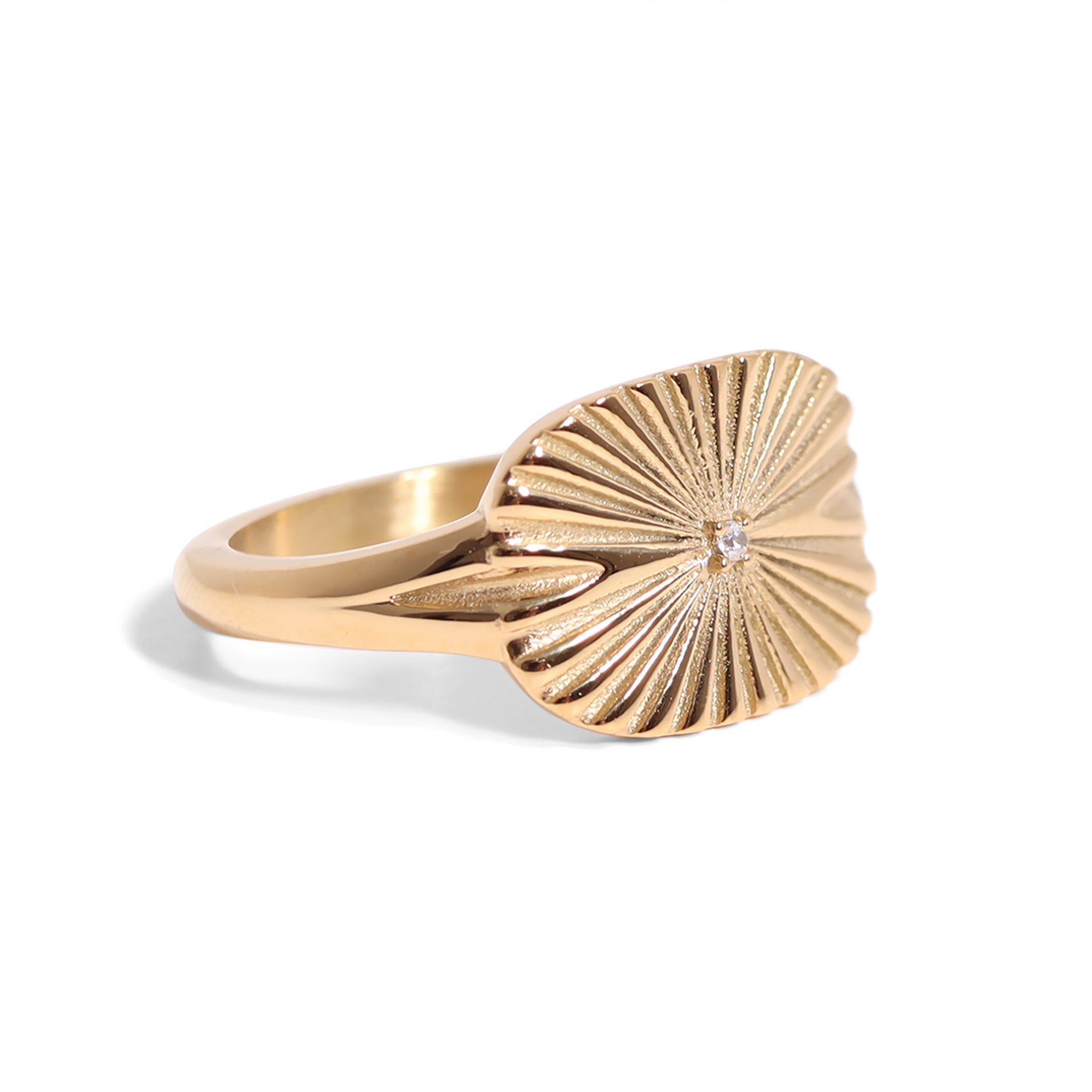 Gold Cubic Zirconia Ring – 18K Gold PVD Stainless Steel Sunburst Rectangle Design - Rings | Sunflower Soul Boutique