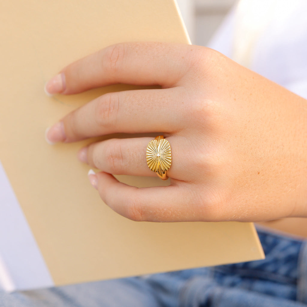 Gold Cubic Zirconia Ring – 18K Gold PVD Stainless Steel Sunburst Rectangle Design - Rings | Sunflower Soul Boutique