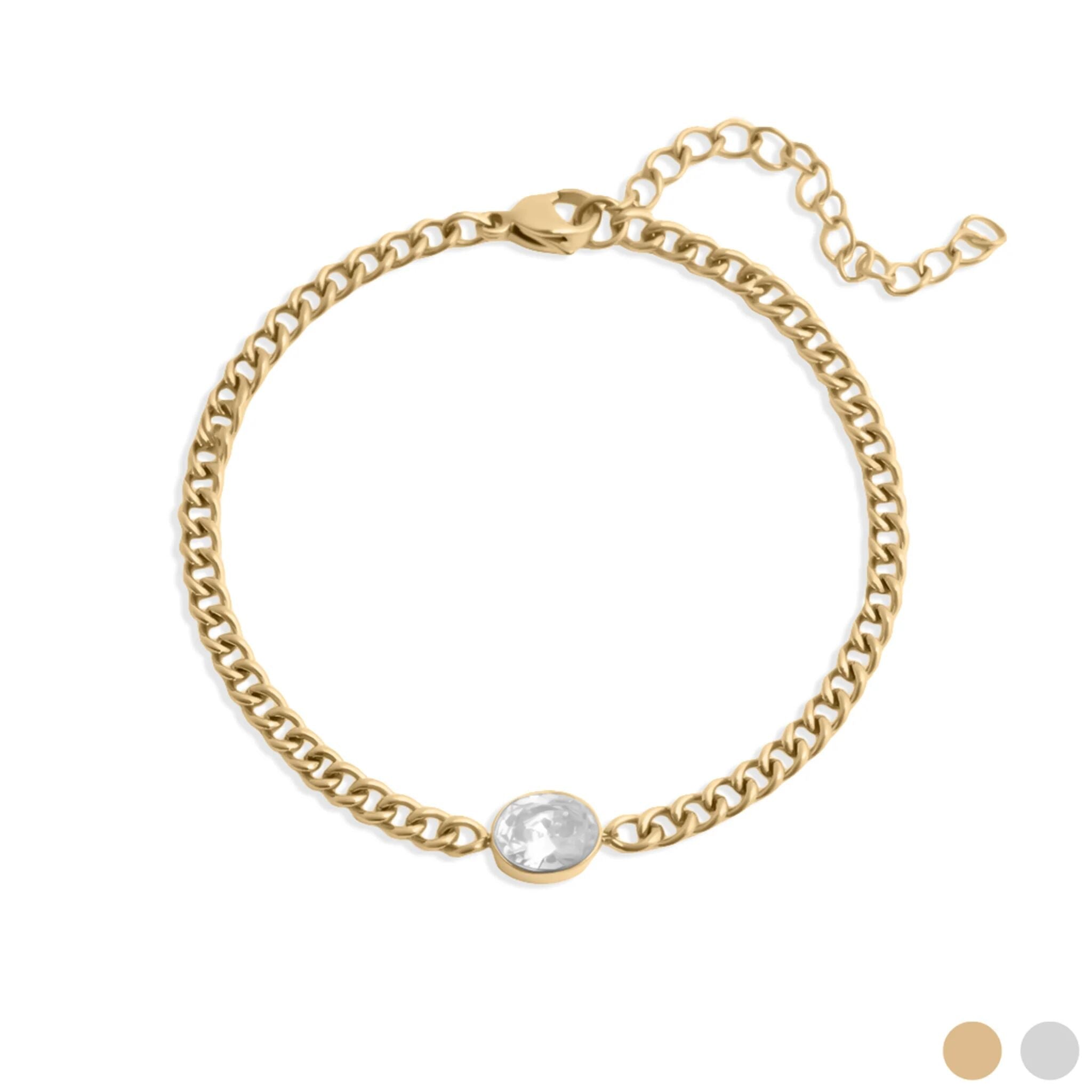 Gold Curb Chain Bracelet – 18K Gold PVD Coated Stainless Steel With Oval CZ Stone - Bracelets | Sunflower Soul Boutique