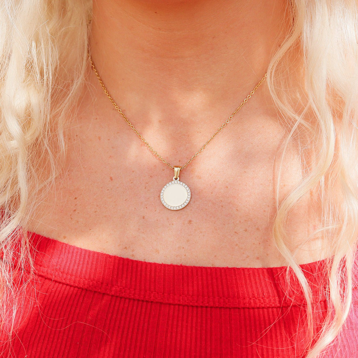 Gold CZ Pendant Necklace – 18K PVD Stainless Steel Engravable Round Pendant