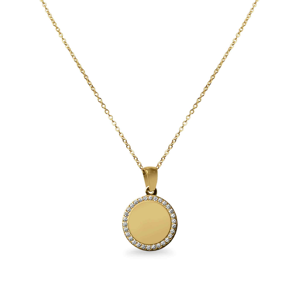Stainless Steel Engravable Round Pendant Necklace with CZ