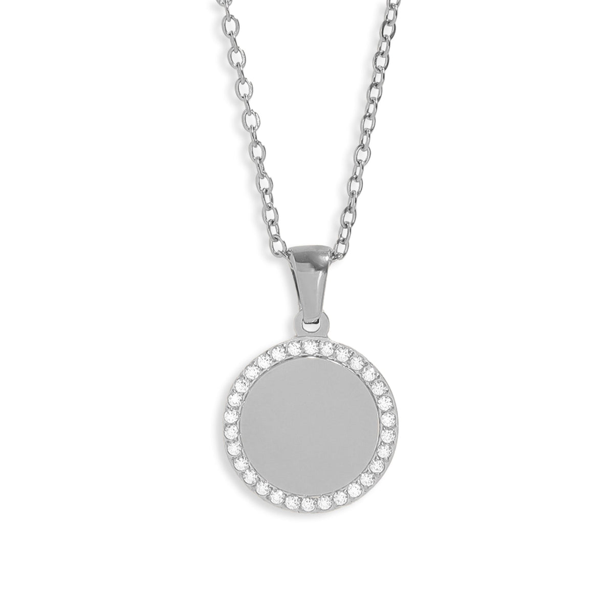 chain necklace with circular CZ stone encrusted pendant