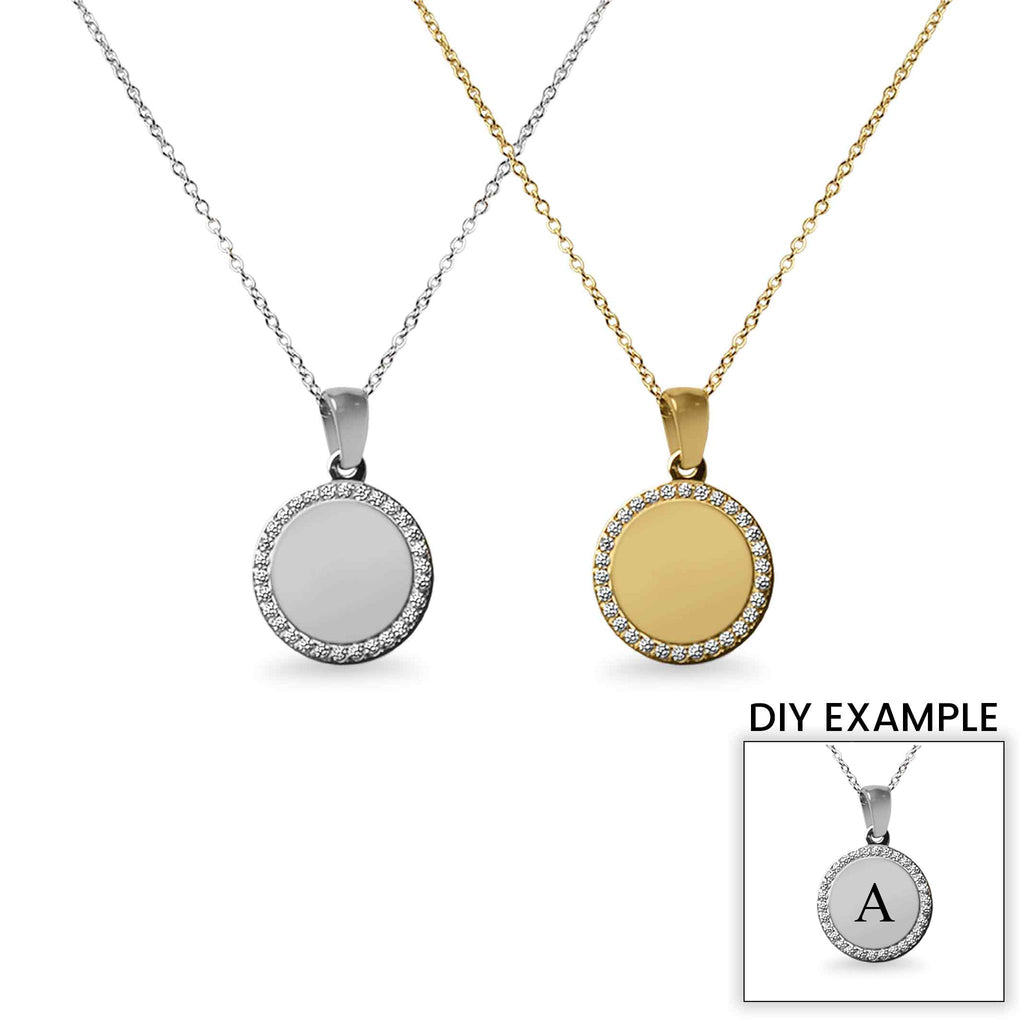 Gold CZ Pendant Necklace – 18K PVD Stainless Steel Engravable Round Pendant