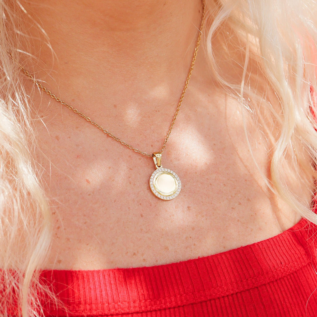 Gold CZ Pendant Necklace – 18K PVD Stainless Steel Engravable Round Pendant