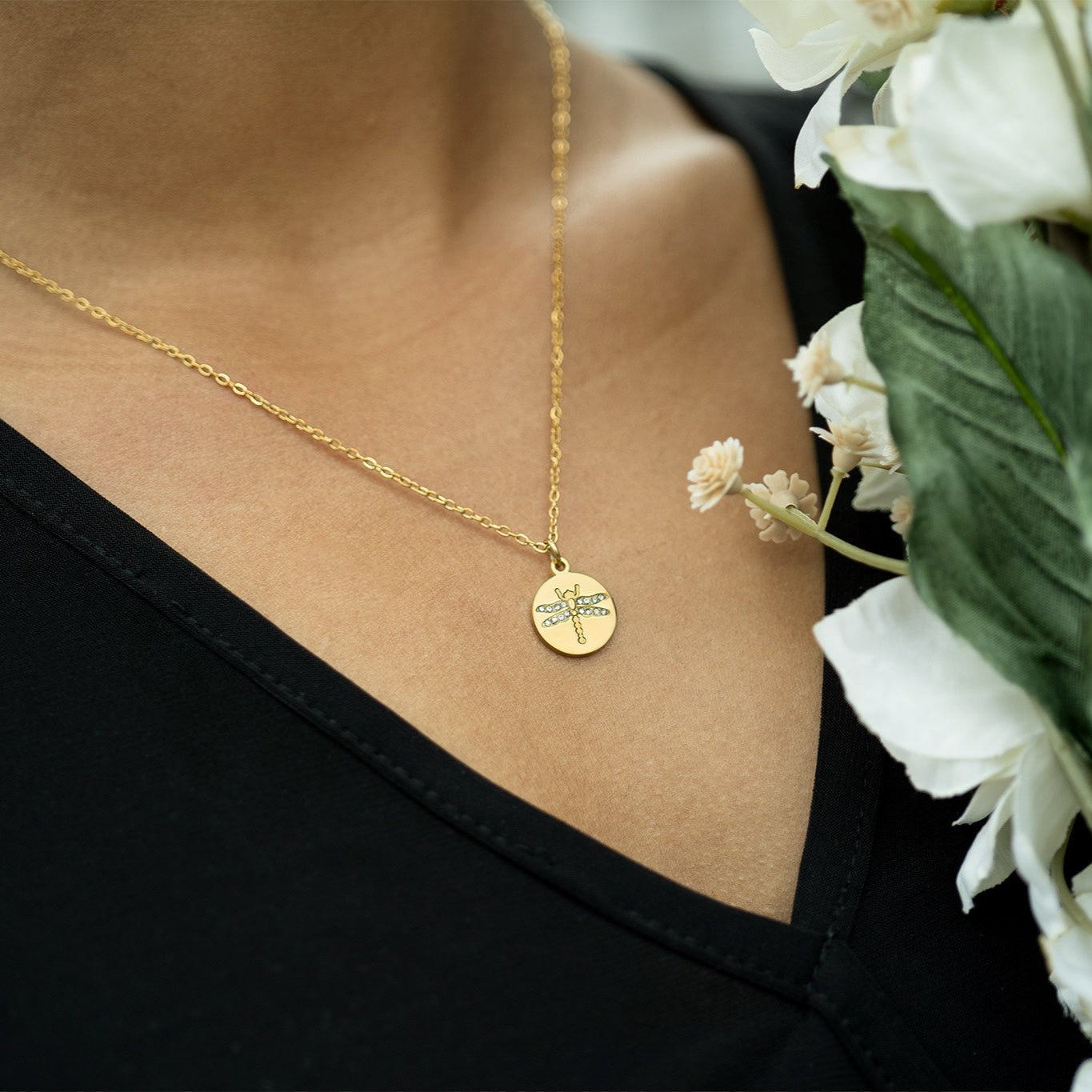 Gold Dragonfly Necklace – 18K Gold Plated Stainless Steel Pendant Jewelry - Necklaces | Sunflower Soul Boutique