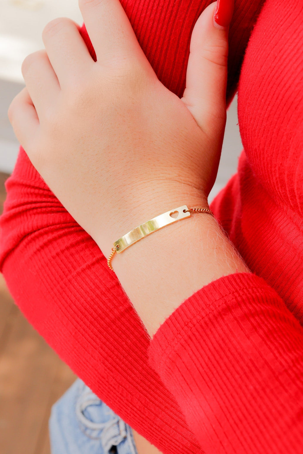 Gold Heart Bracelet – Adjustable Curved Bar With Custom Engraving & Heart Cutout Design - Bracelets | Sunflower Soul Boutique