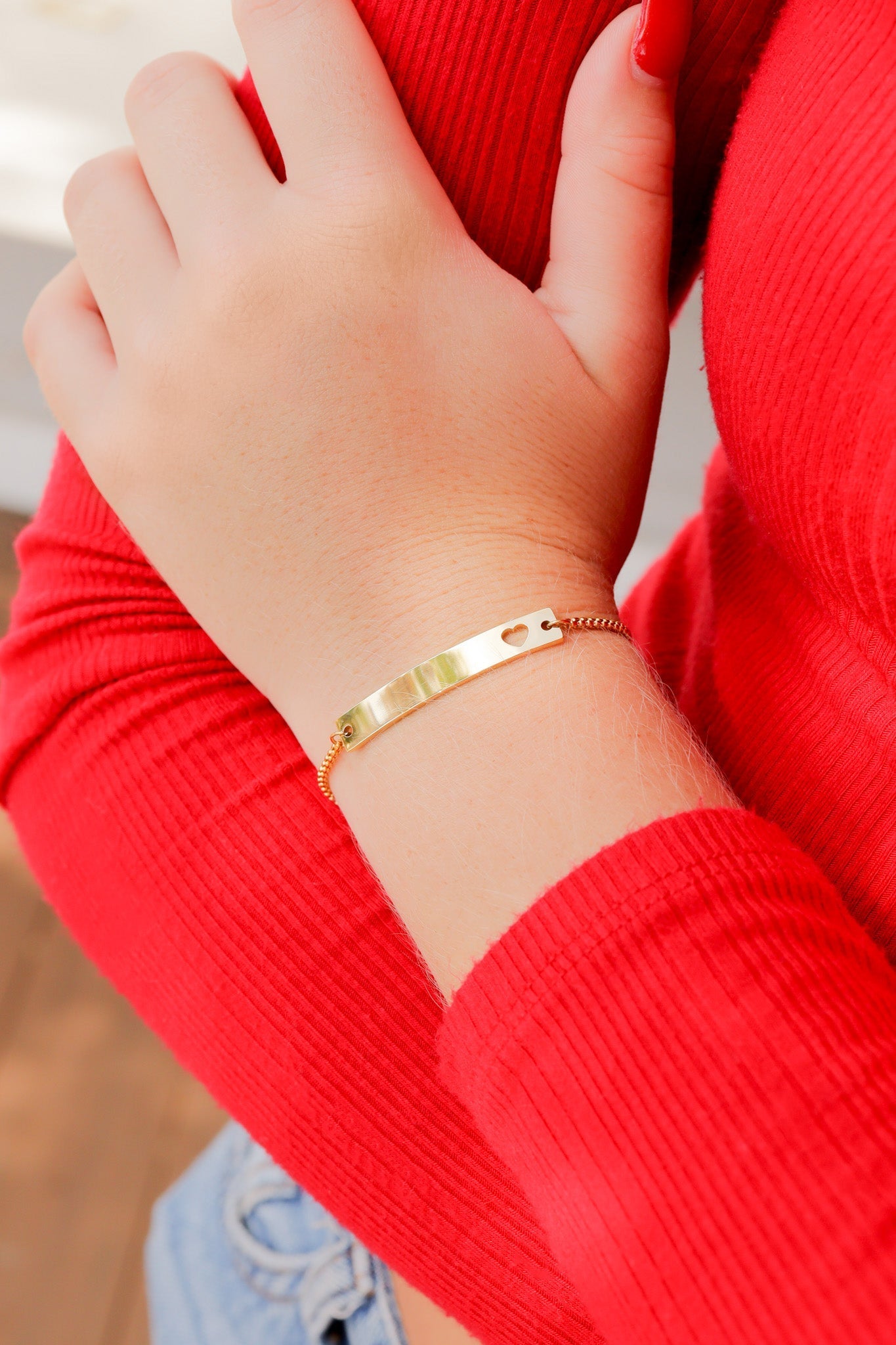 Gold Heart Bracelet – Adjustable Curved Bar With Custom Engraving & Heart Cutout Design - Bracelets | Sunflower Soul Boutique