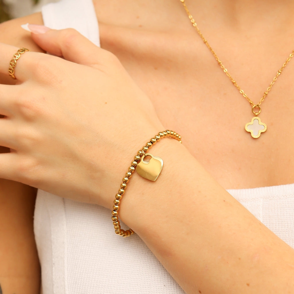 Gold Heart Bracelet – Adjustable Stretch Beaded Jewelry with Engraved Charm - Bracelets | Sunflower Soul Boutique