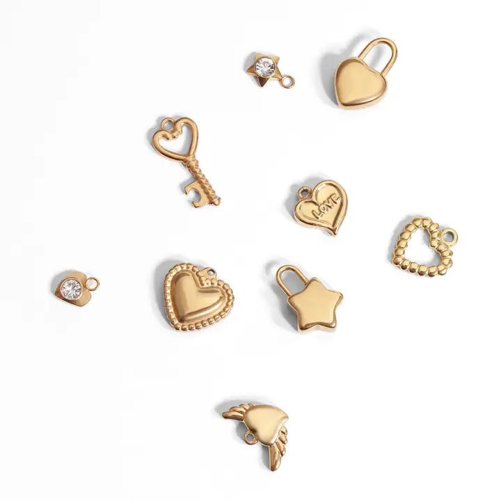 Gold Heart Charm – Beaded Trim Stainless Steel Charm Bracelet Accessory - charm | Sunflower Soul Boutique