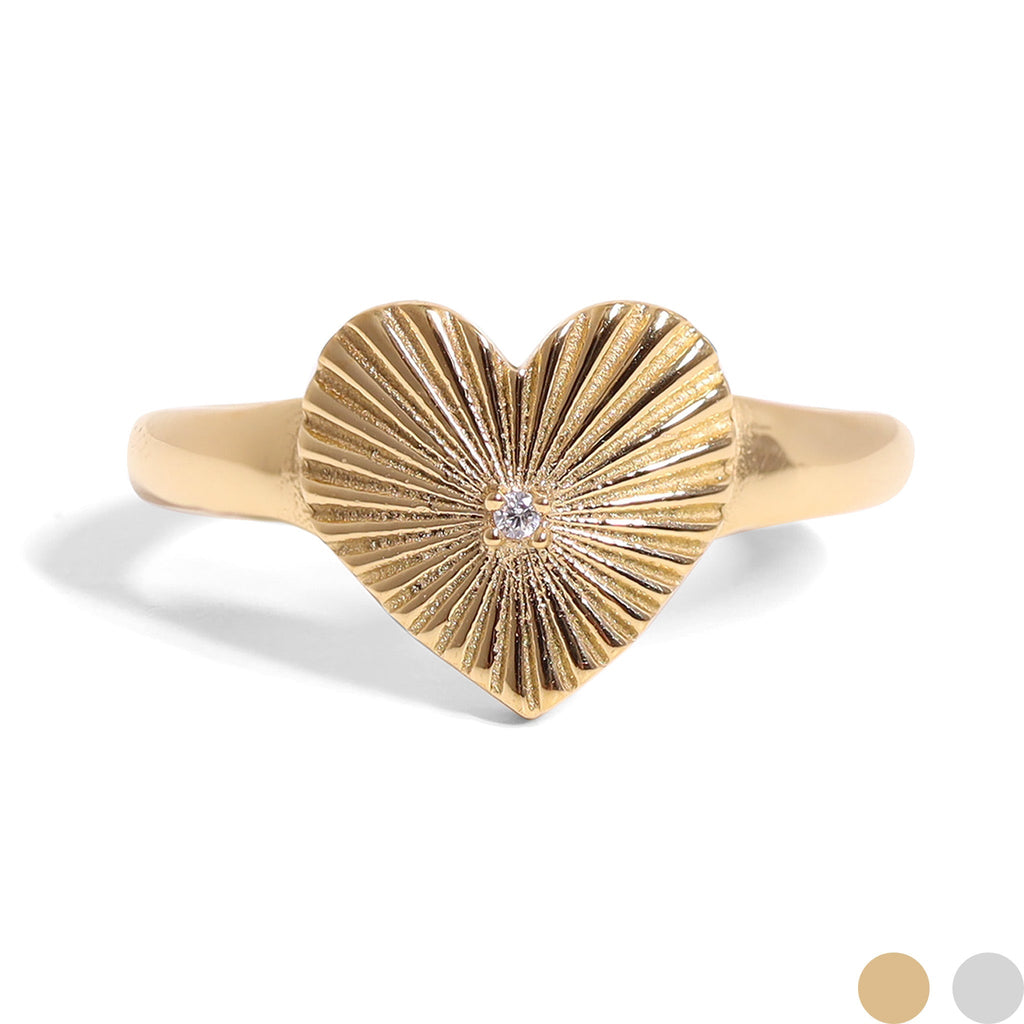 Gold Heart Ring – 18K Gold Jewelry Sunburst Stainless Steel Cubic Zirconia - Rings | Sunflower Soul Boutique