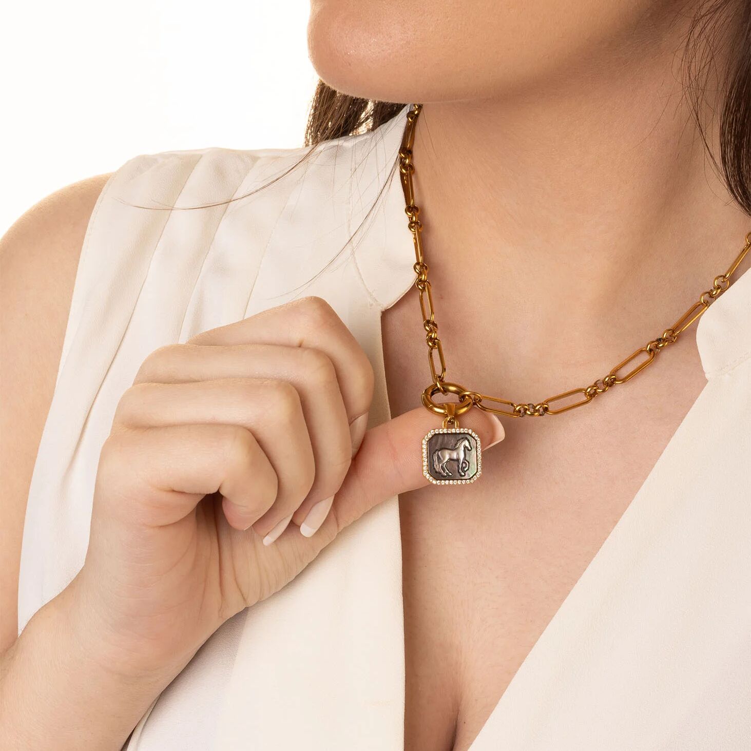 Gold Horse Pendant – 18K Gold Plated Charm with Luminous Pearl Inlay - Pendants | Sunflower Soul Boutique