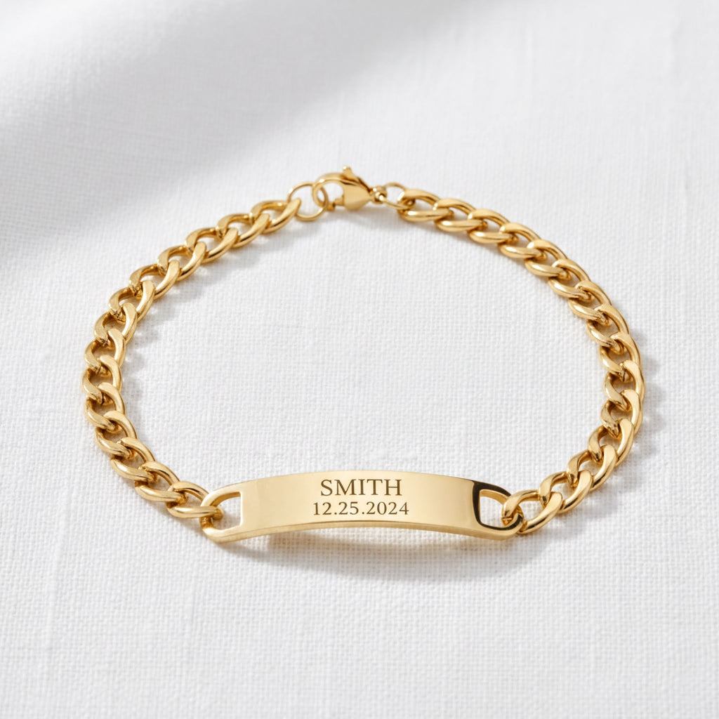 Gold ID Bracelet – Stainless Steel Curved Bar With Blank ID Bar, Engraved Gift - Bracelets | Sunflower Soul Boutique