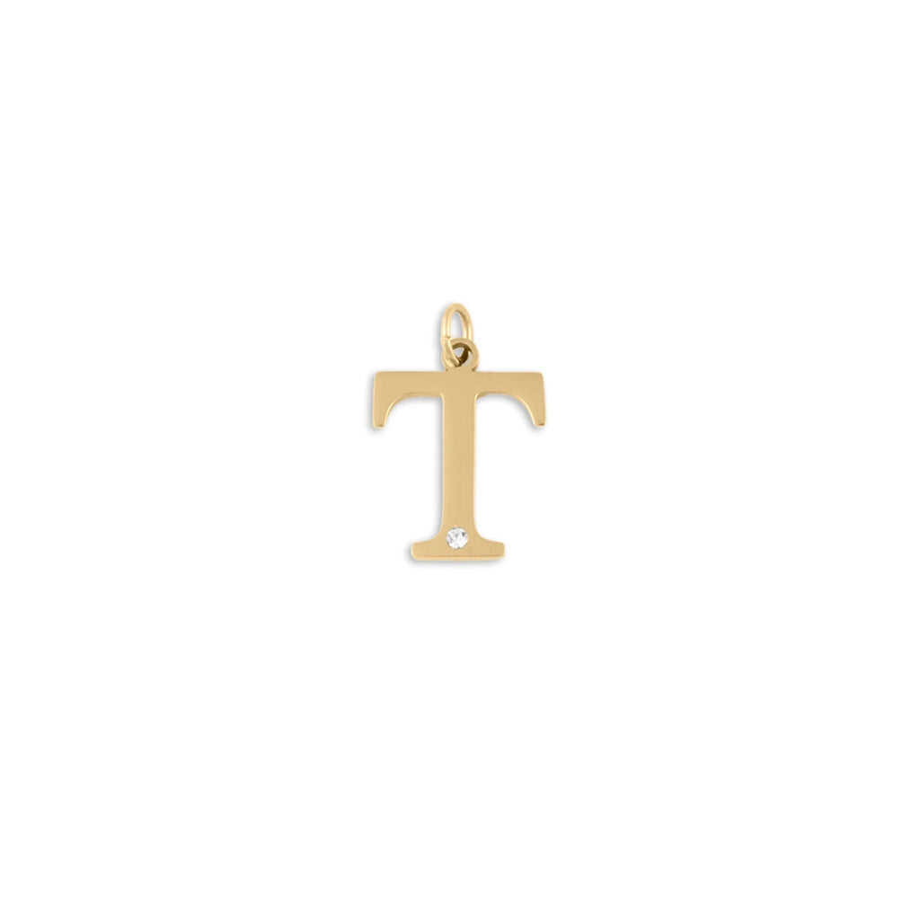 18K Gold PVD Stainless Steel Letter with Crystal Charm 15mm -T