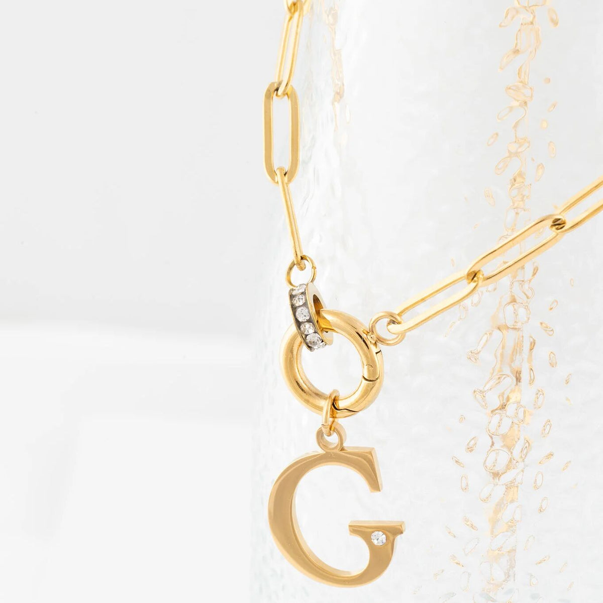 18K Gold PVD Stainless Steel Letter with Crystal Charm 15mm -Gold studio 
