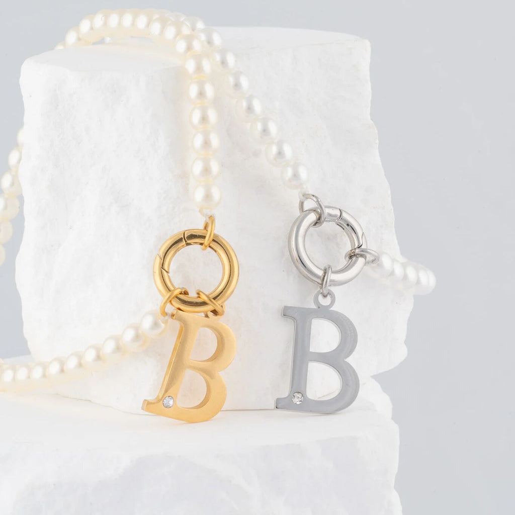 18K Gold PVD Stainless Steel Letter with Crystal Charm 15mm - Gold and silver studio 
