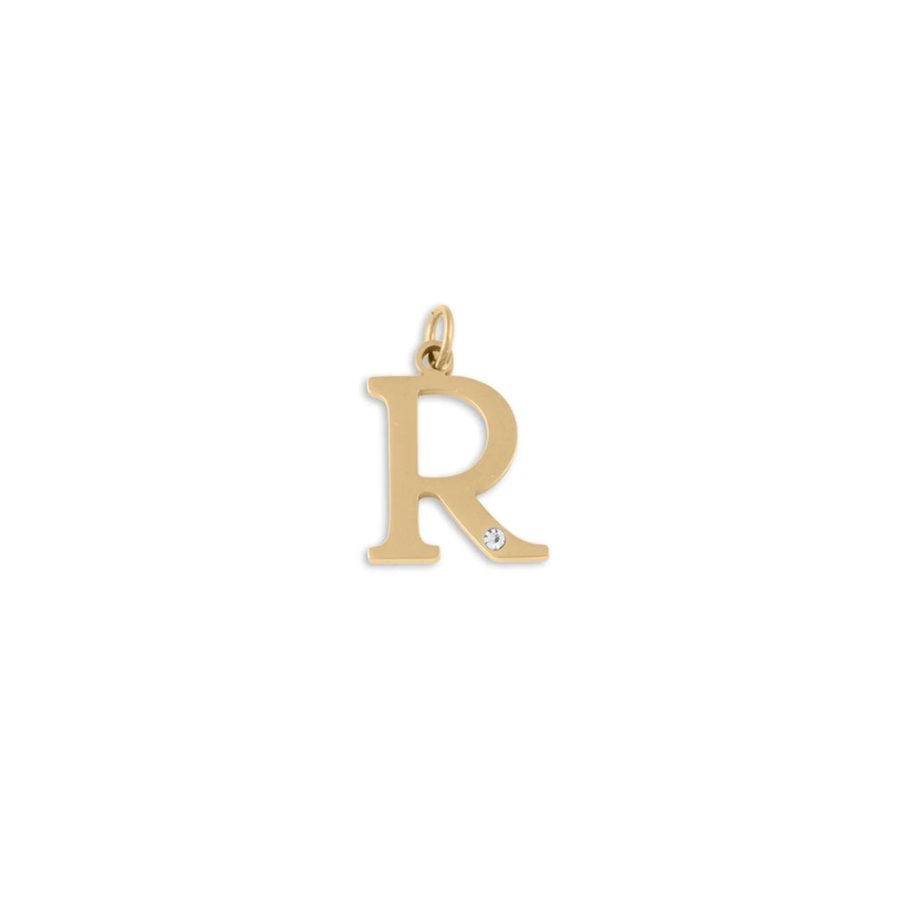 18K Gold PVD Stainless Steel Letter with Crystal Charm 15mm -R