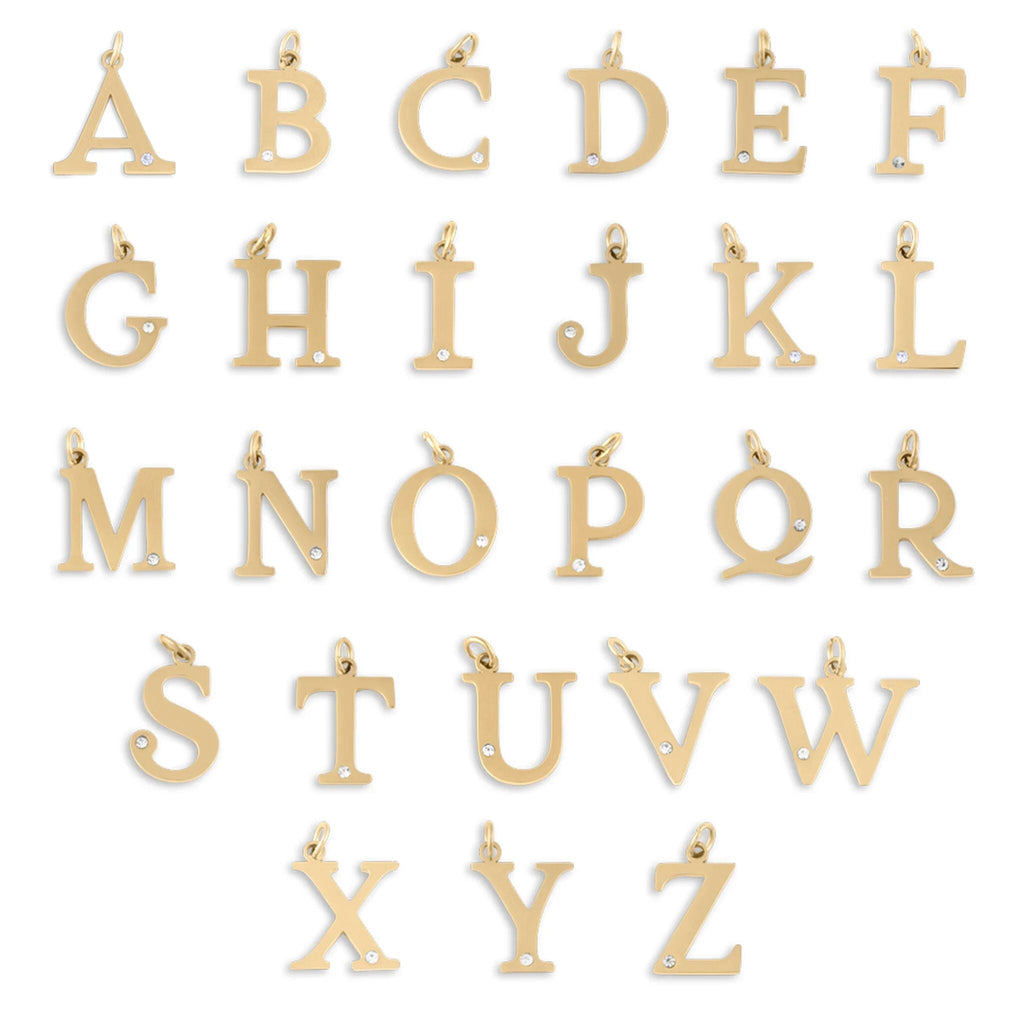 18K Gold PVD Stainless Steel Letter with Crystal Charm 15mm- A-Z