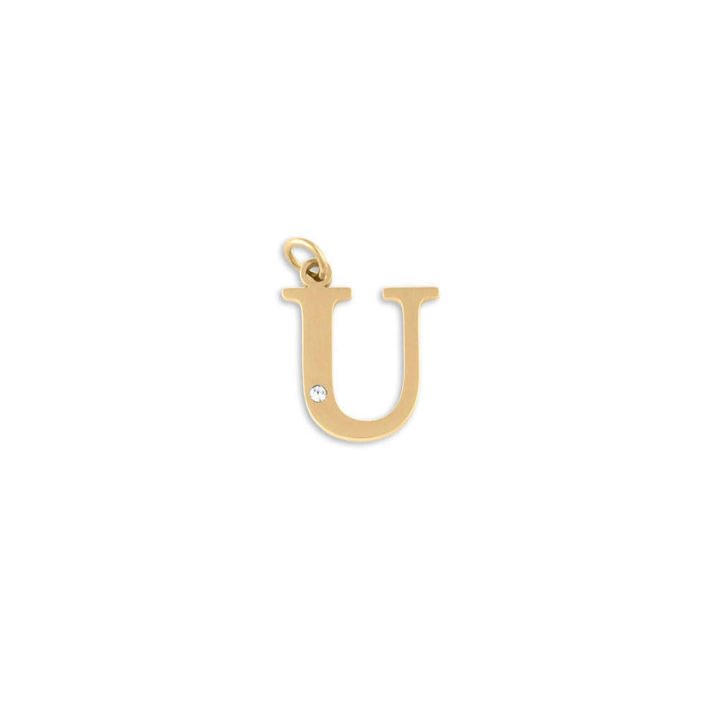 18K Gold PVD Stainless Steel Letter with Crystal Charm 15mm -U