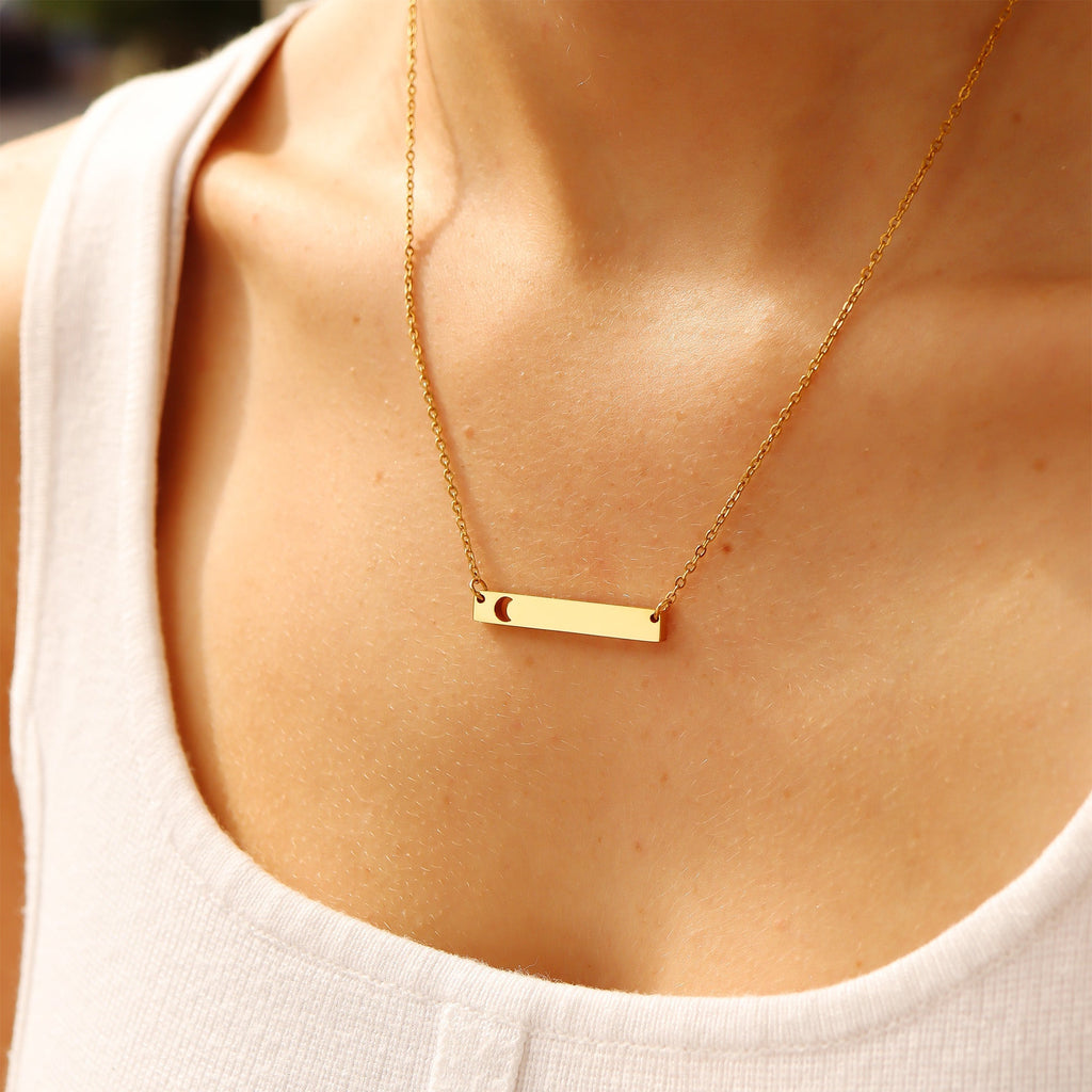 Moon Cutout Horizontal Stainless Steel Bar Necklace Lifestyle