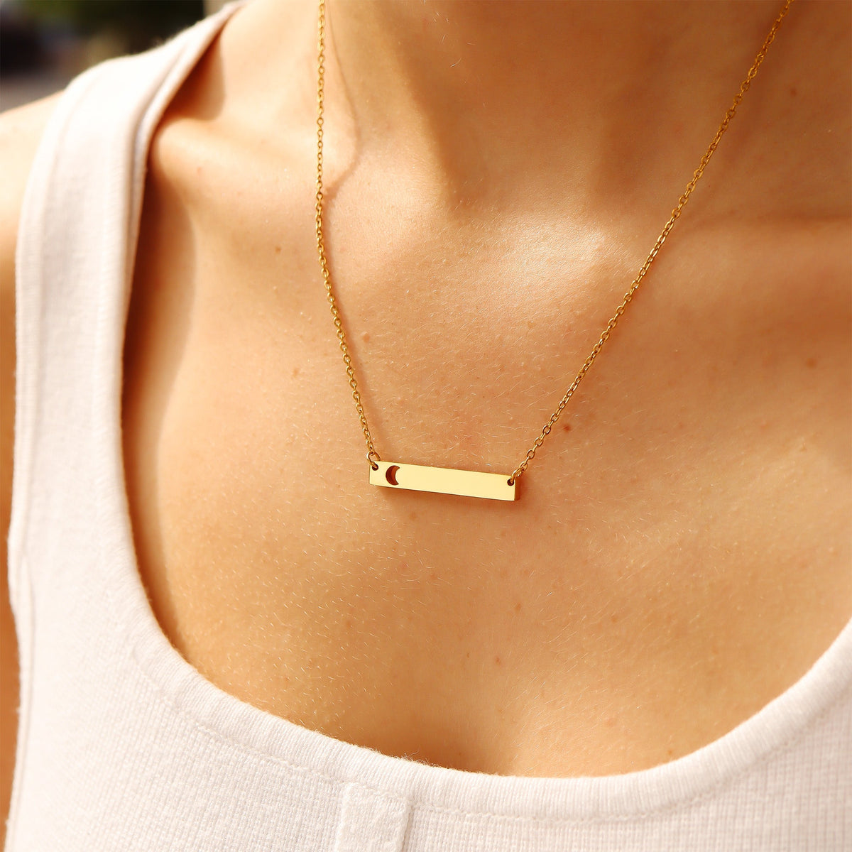 Moon Cutout Horizontal Stainless Steel Bar Necklace Lifestyle