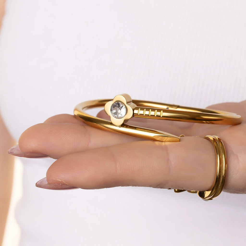 Gold Nail Bangle – 18K Gold PVD Coated Stainless Steel Floral Bracelet - Bracelets | Sunflower Soul Boutique
