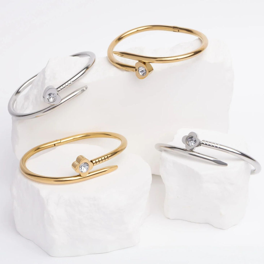 Gold Nail Bangle – 18K Gold PVD Coated Stainless Steel Floral Bracelet - Bracelets | Sunflower Soul Boutique