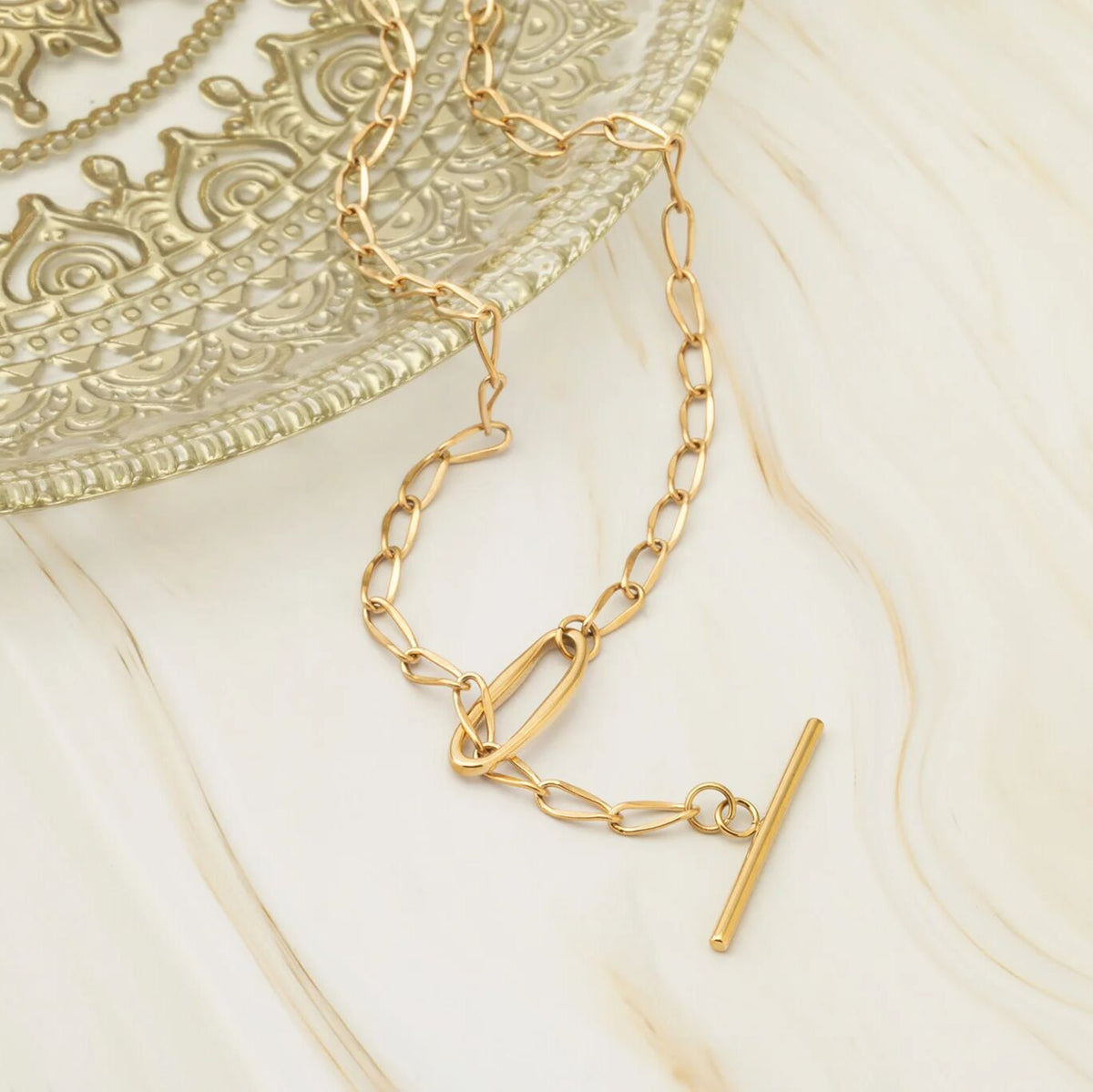18K Gold PVD Stainless Steel Oval Link Toggle Chain Necklace- gold studio
