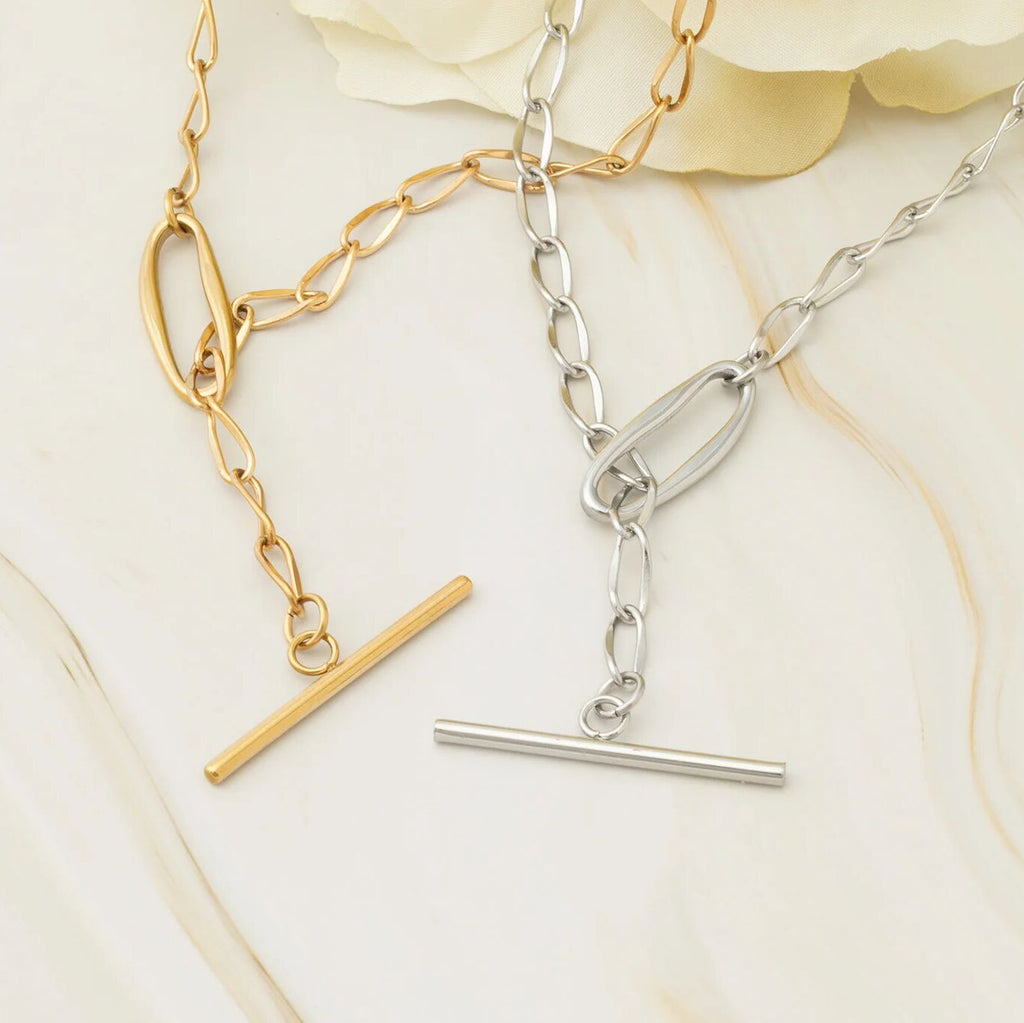 18K Gold PVD Stainless Steel Oval Link Toggle Chain Necklace- gold and silver studio