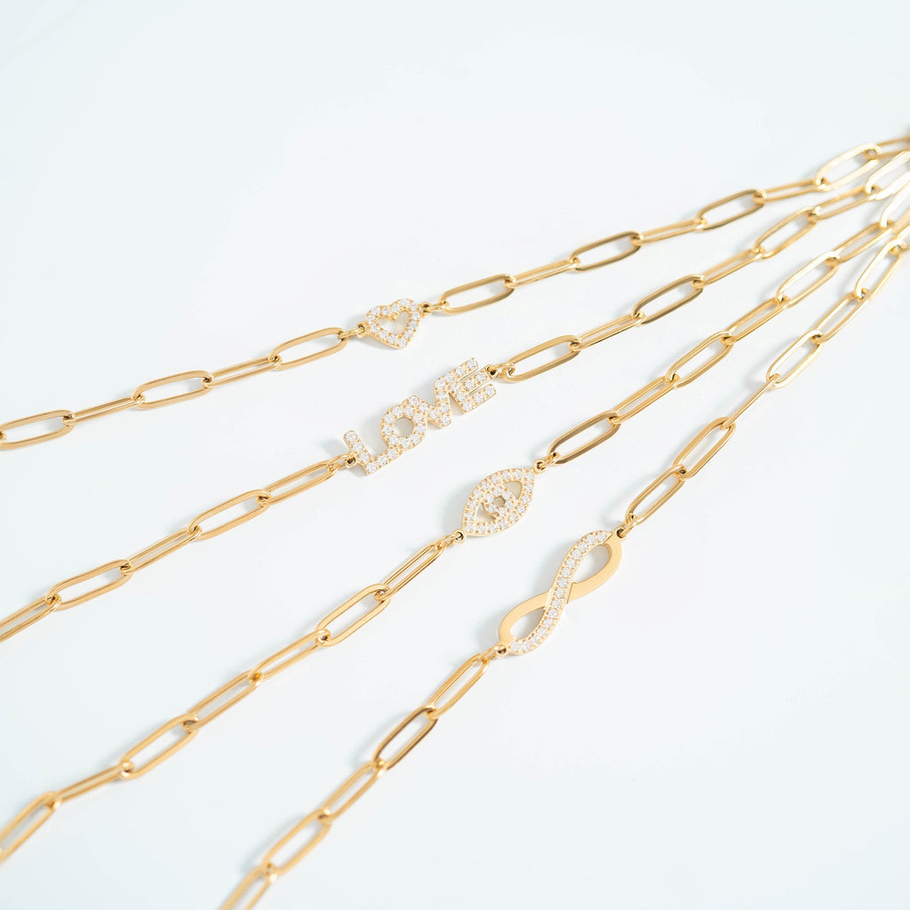 Gold Paperclip Bracelet – Adjustable 18K Gold Chain With CZ Stone Pendant - | Sunflower Soul Boutique