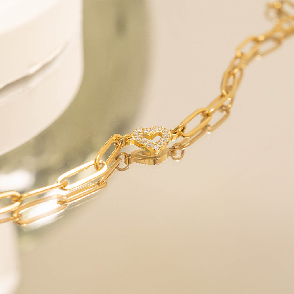Gold Paperclip Bracelet – Adjustable Chain With Heart Charm & Sparkling Stone - | Sunflower Soul Boutique