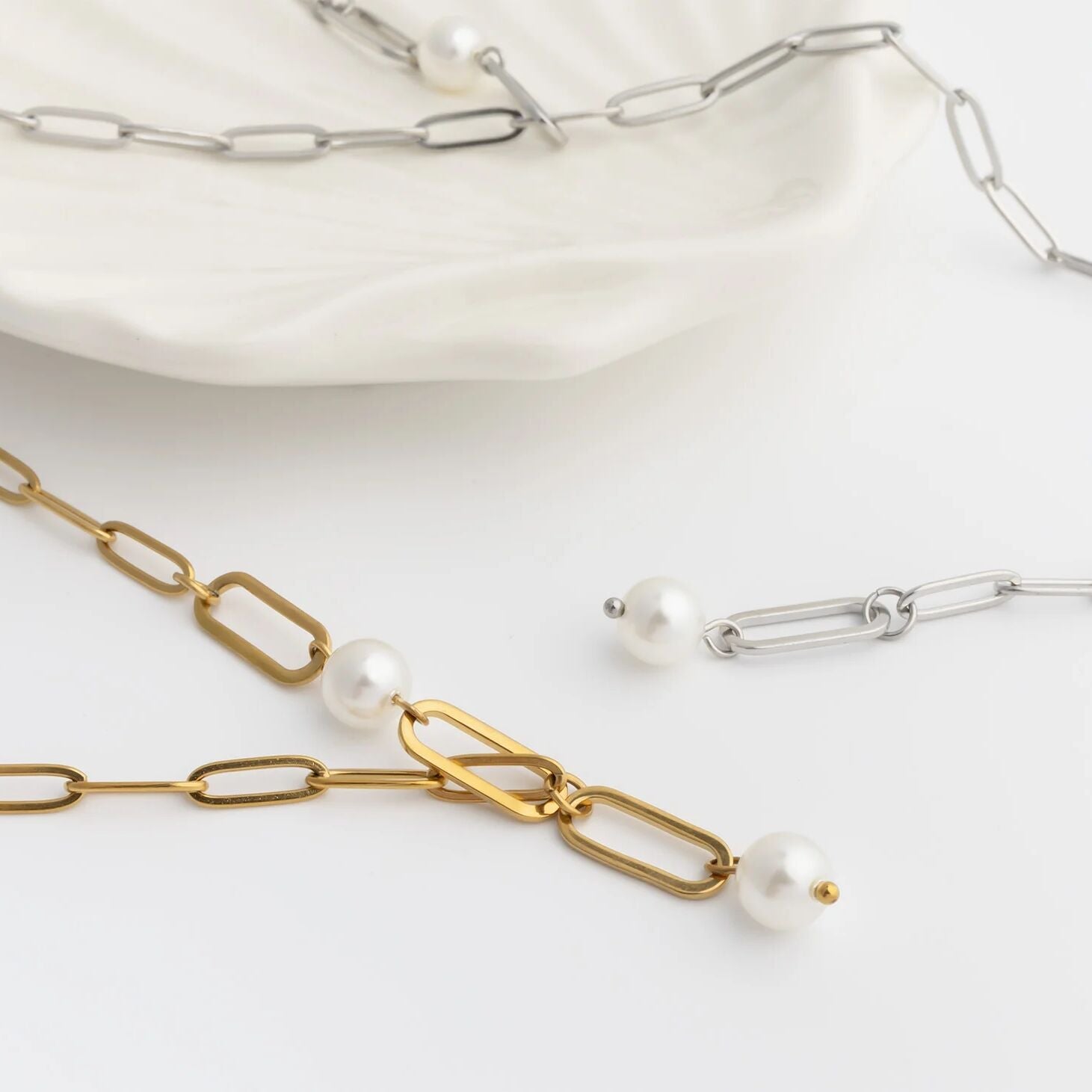 Gold Paperclip Necklace – 18K Gold Jewelry | Freshwater Pearl & Y Shaped Chain - Necklaces | Sunflower Soul Boutique