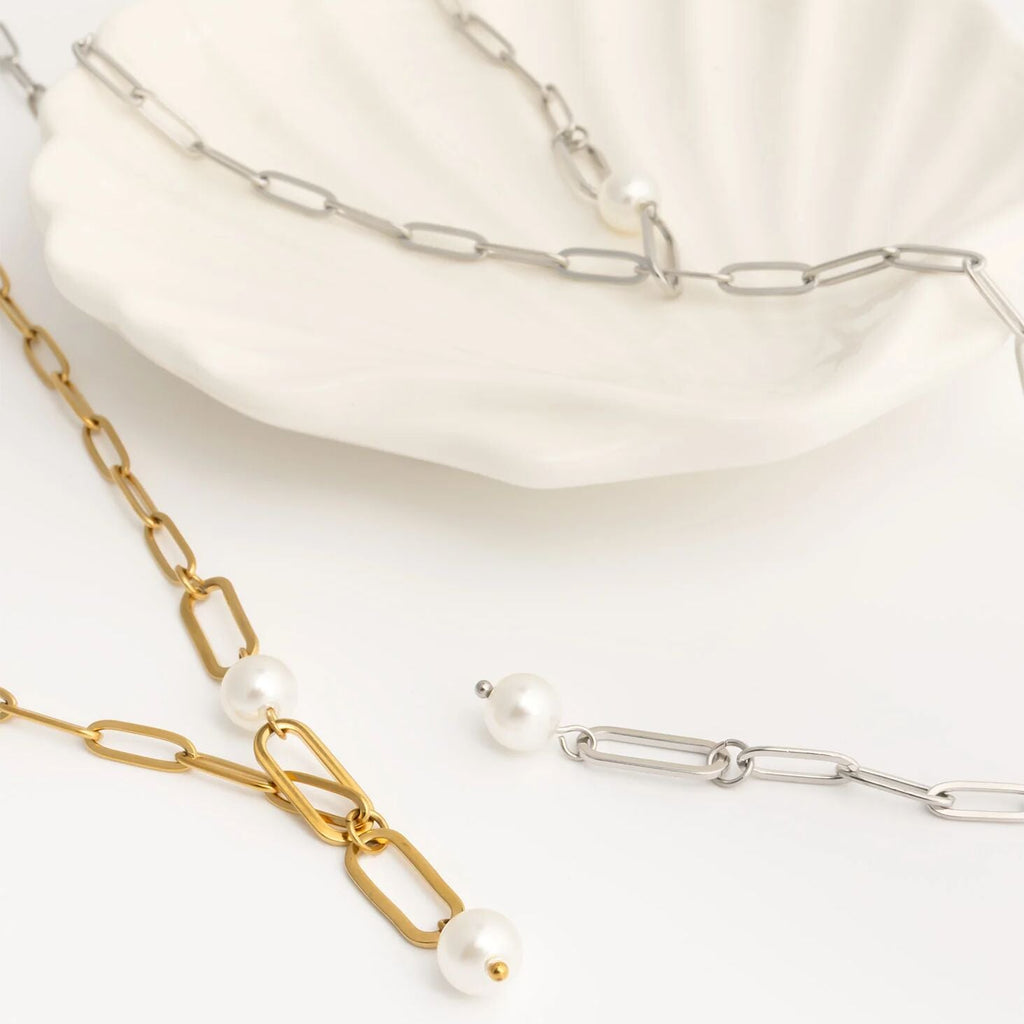 Gold Paperclip Necklace – 18K Gold Jewelry | Freshwater Pearl & Y Shaped Chain - Necklaces | Sunflower Soul Boutique