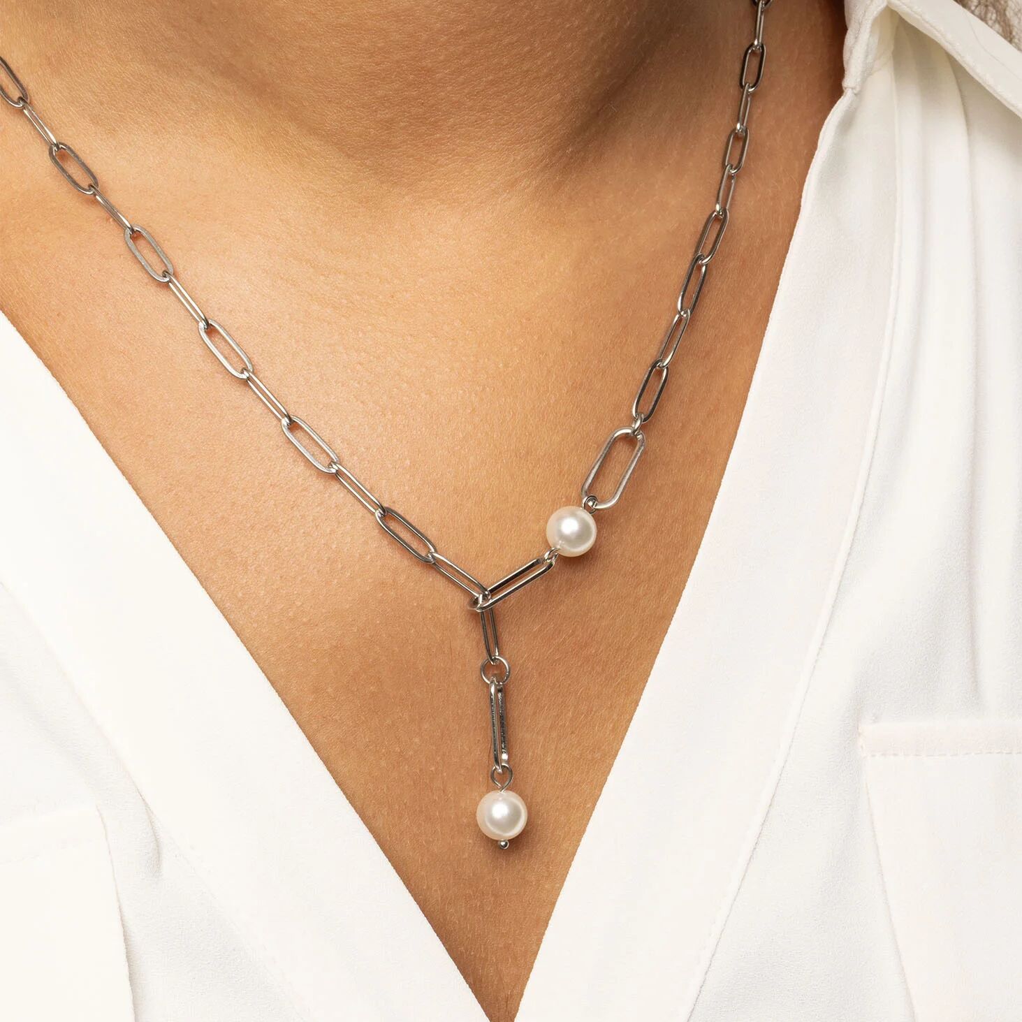 Gold Paperclip Necklace – 18K Gold Jewelry | Freshwater Pearl & Y Shaped Chain - Necklaces | Sunflower Soul Boutique