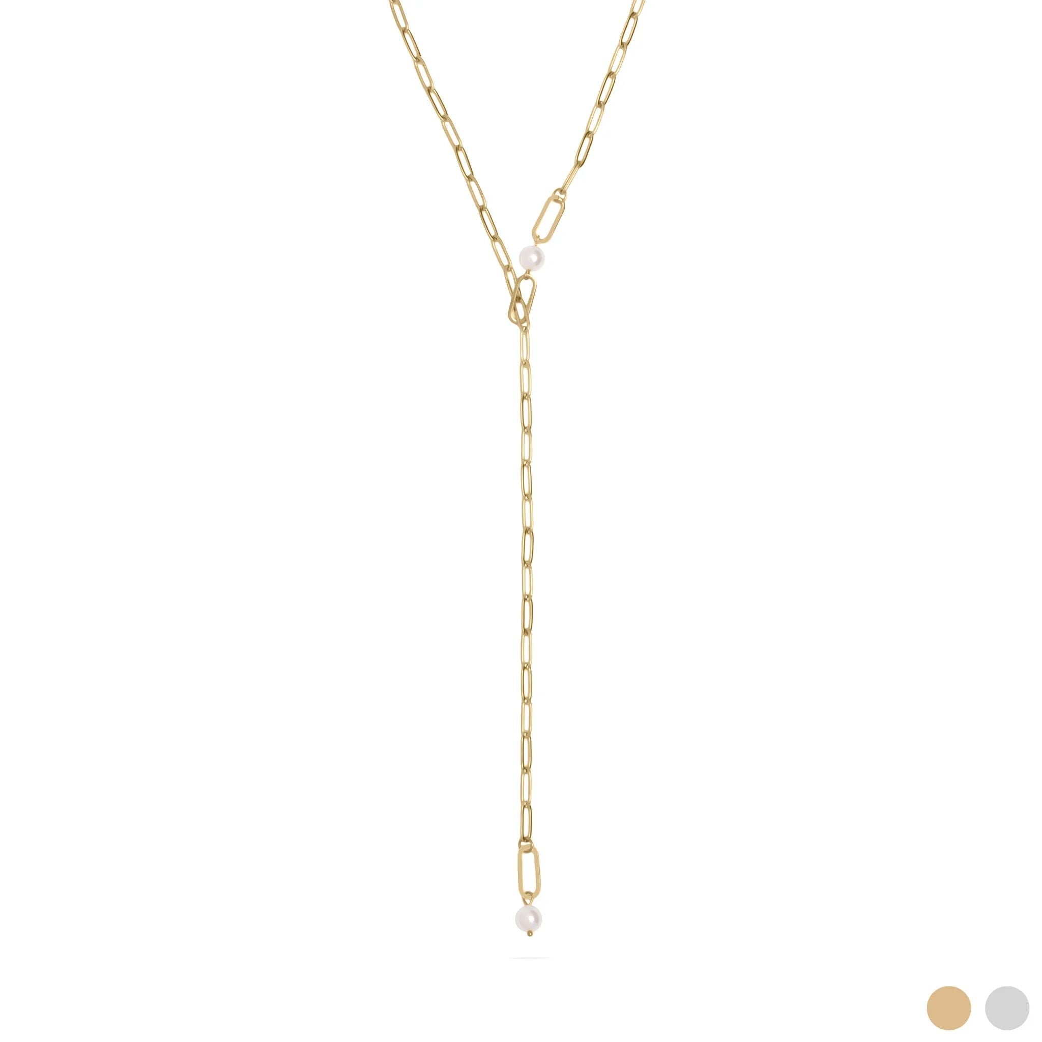 Gold Paperclip Necklace – 18K Gold Jewelry | Freshwater Pearl & Y Shaped Chain - Necklaces | Sunflower Soul Boutique