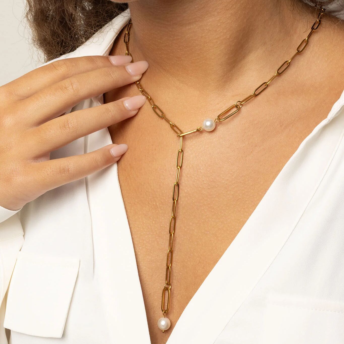 Gold Paperclip Necklace – 18K Gold Jewelry | Freshwater Pearl & Y Shaped Chain - Necklaces | Sunflower Soul Boutique