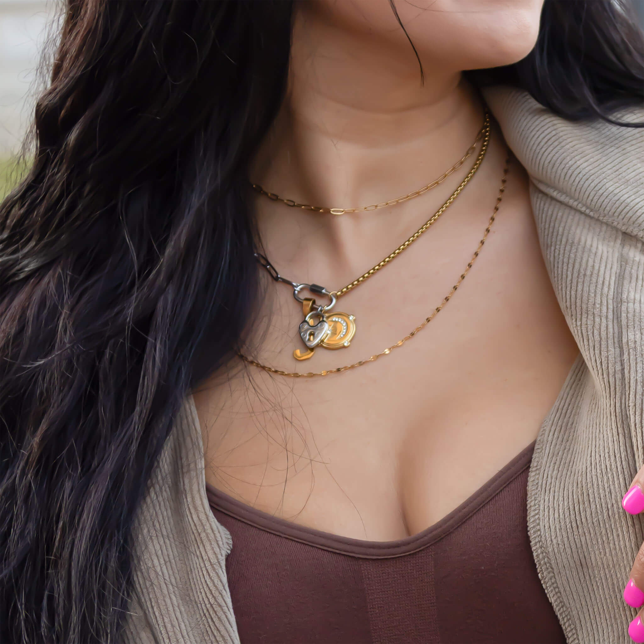Gold Paperclip Necklace – Mixed Metal Double Chain With Carabiner Clasp - Charm holder | Sunflower Soul Boutique