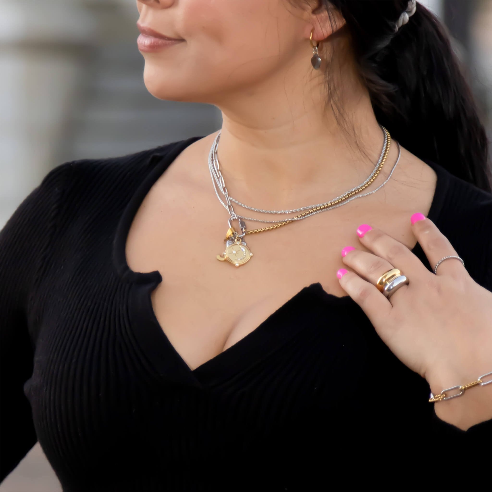 Gold Paperclip Necklace – Mixed Metal Double Chain With Carabiner Clasp - Charm holder | Sunflower Soul Boutique